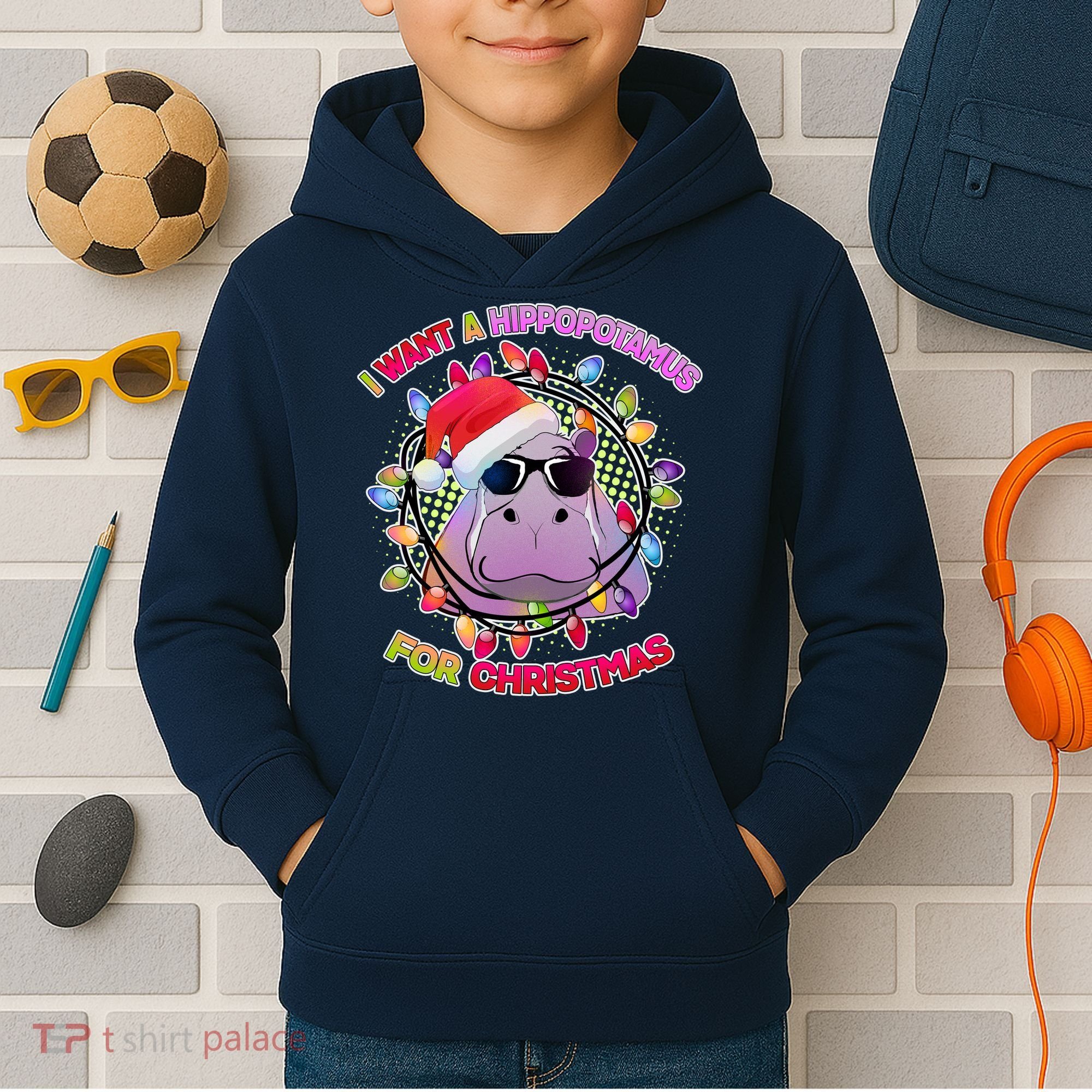 Cute I Want A Hippopotamus for Christmas Lights Kids Hoodie