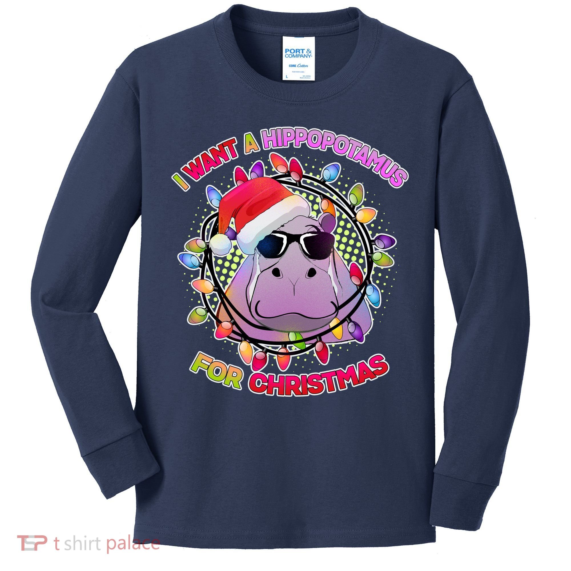 Cute I Want A Hippopotamus for Christmas Lights Kids Long Sleeve Shirt