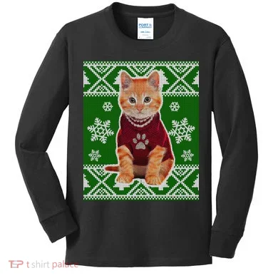 Cute Kitten Ugly Christmas Kids Long Sleeve Shirt