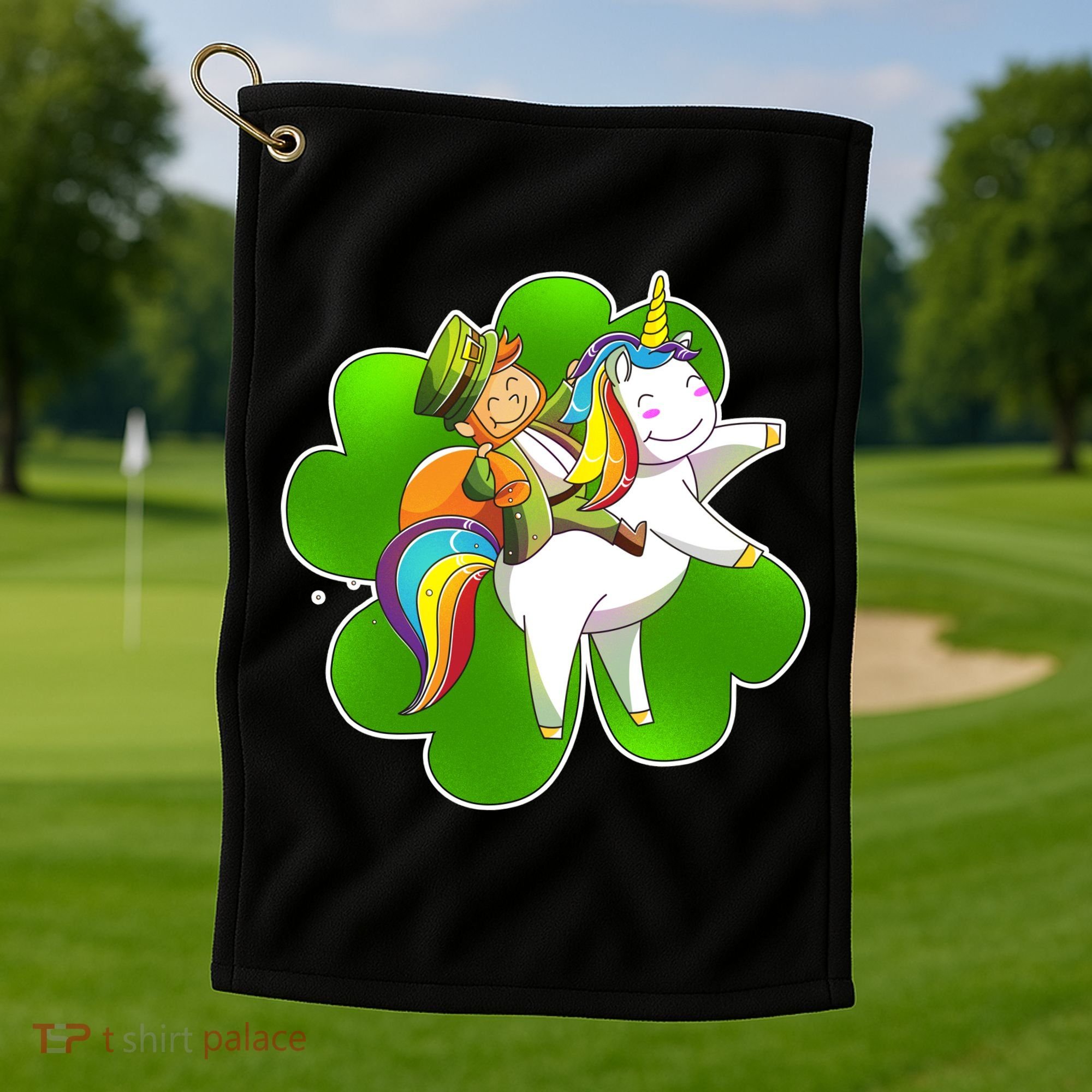 Cute Leprechaun Riding Unicorn Golf Towel