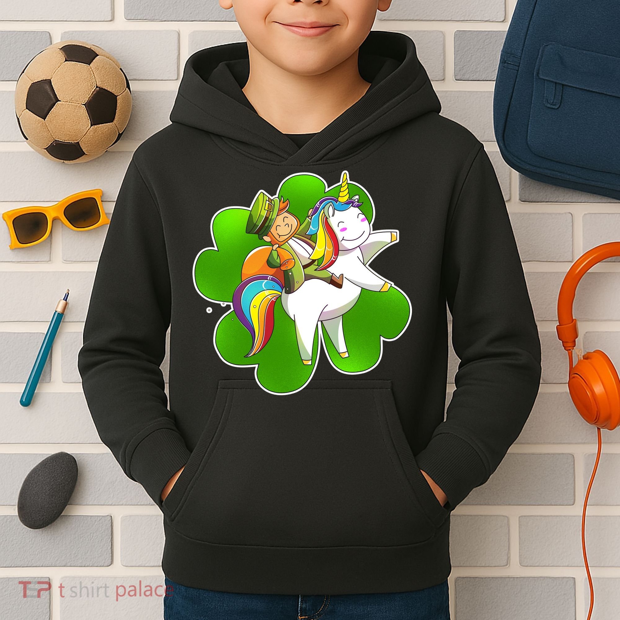 Cute Leprechaun Riding Unicorn Kids Hoodie