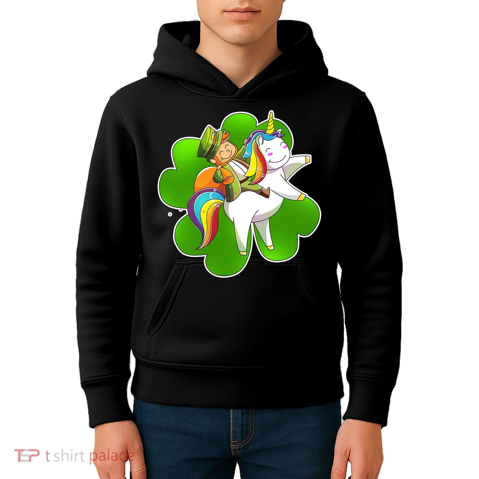 Cute Leprechaun Riding Unicorn Kids Hoodie