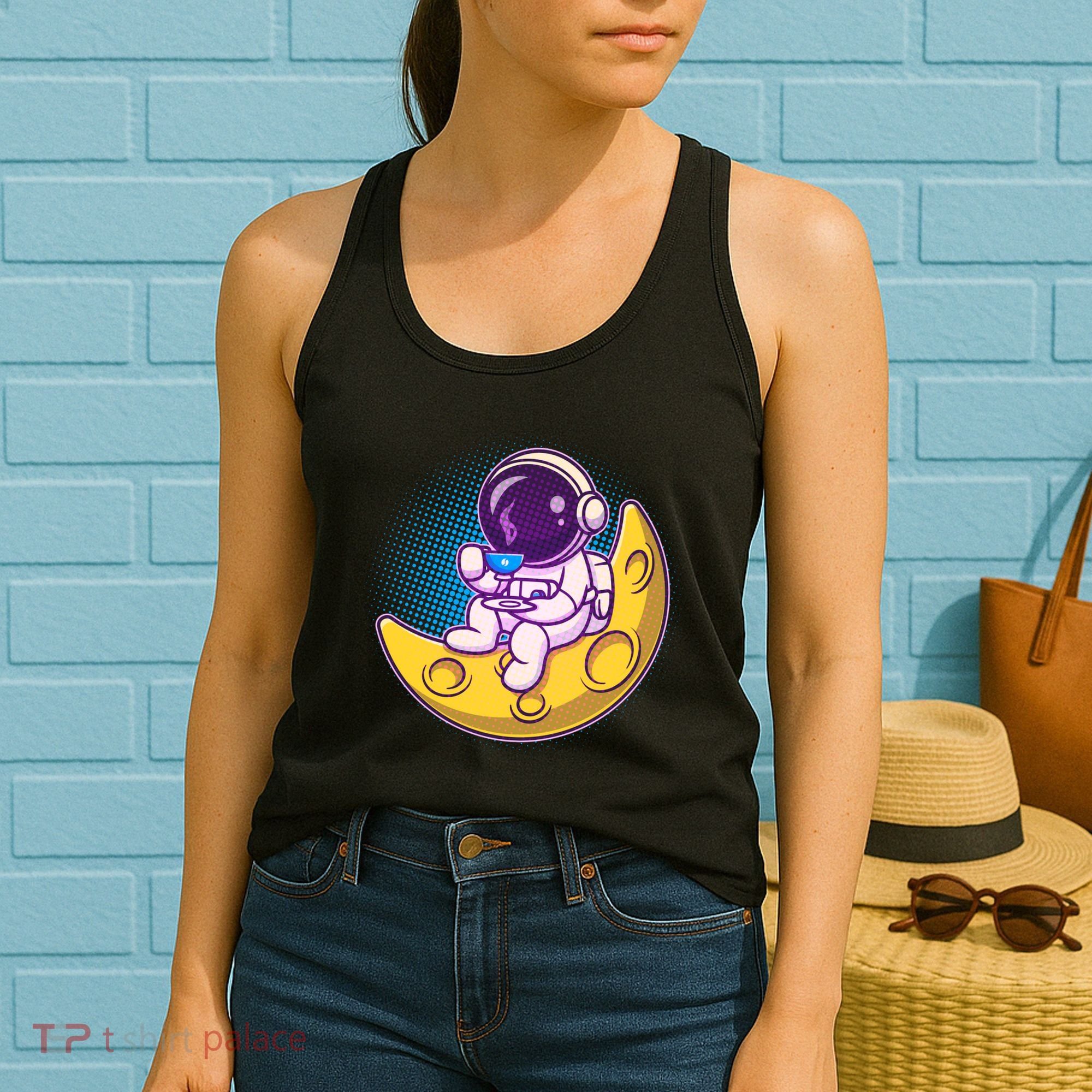 Cute Little Astronaut Drinking Coffee Women's Tank Top