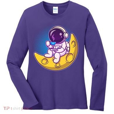 Cute Little Astronaut Drinking Coffee Women's Long Sleeve Shirt