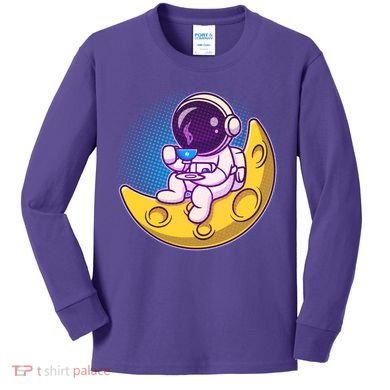 Cute Little Astronaut Drinking Coffee Kids Long Sleeve Shirt