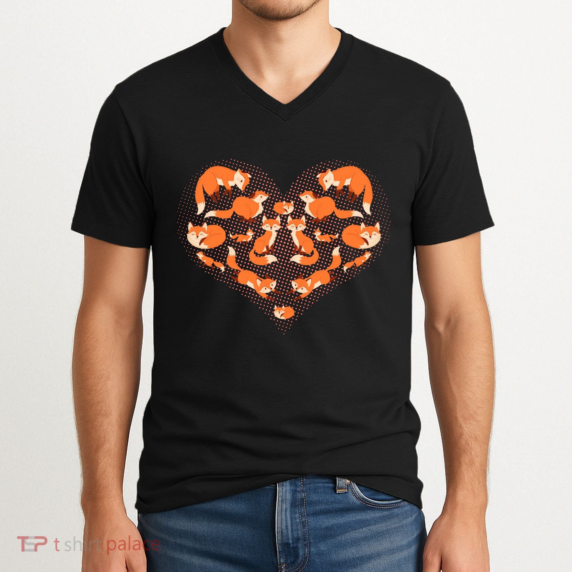 Cute Love Heart Foxes V-Neck T-Shirt