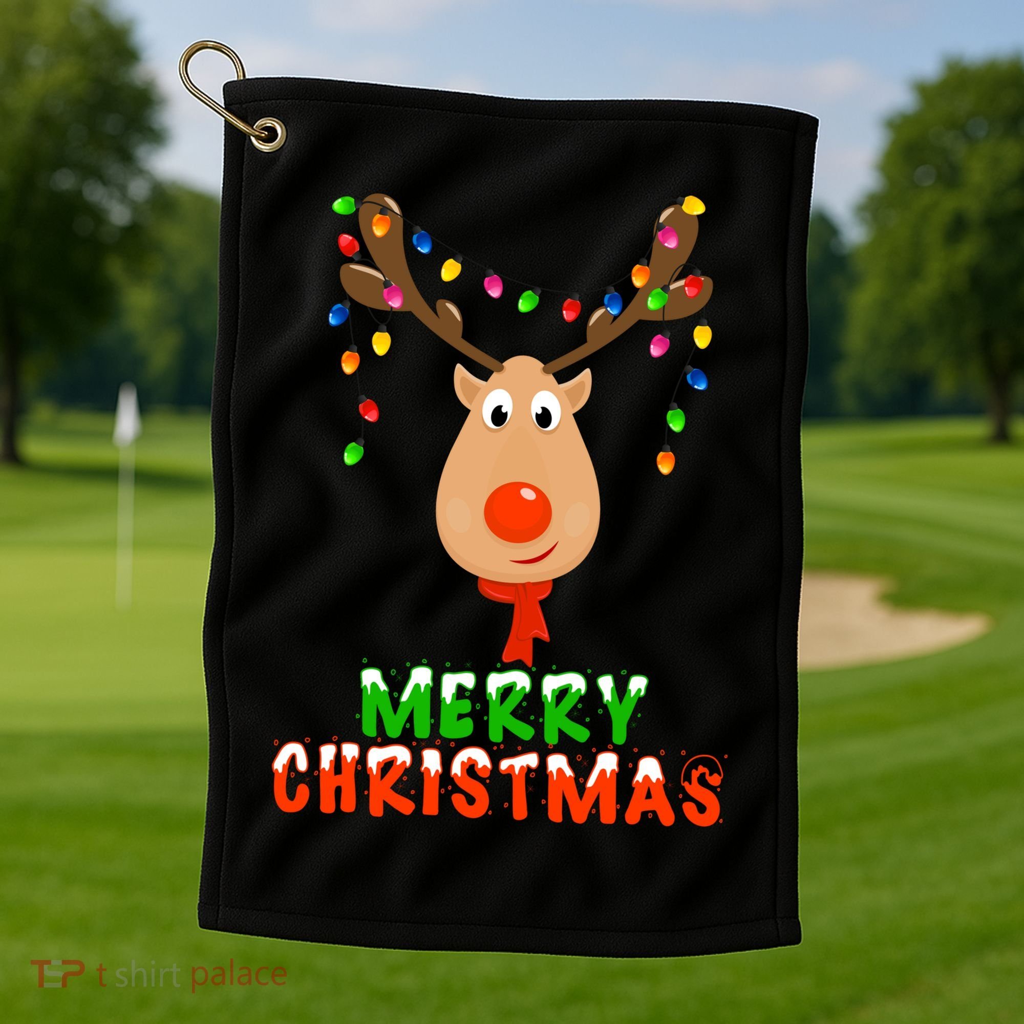 Cute Merry Christmas Reindeer Golf Towel
