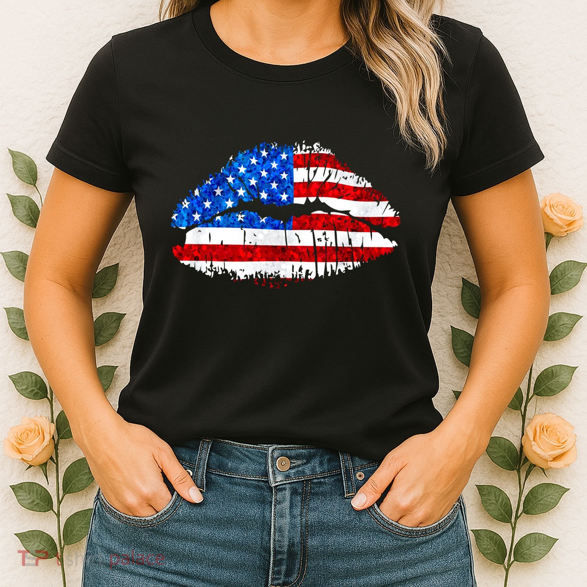 Cute Patriot USA American Flag Lipstick Kiss Women's T-Shirt