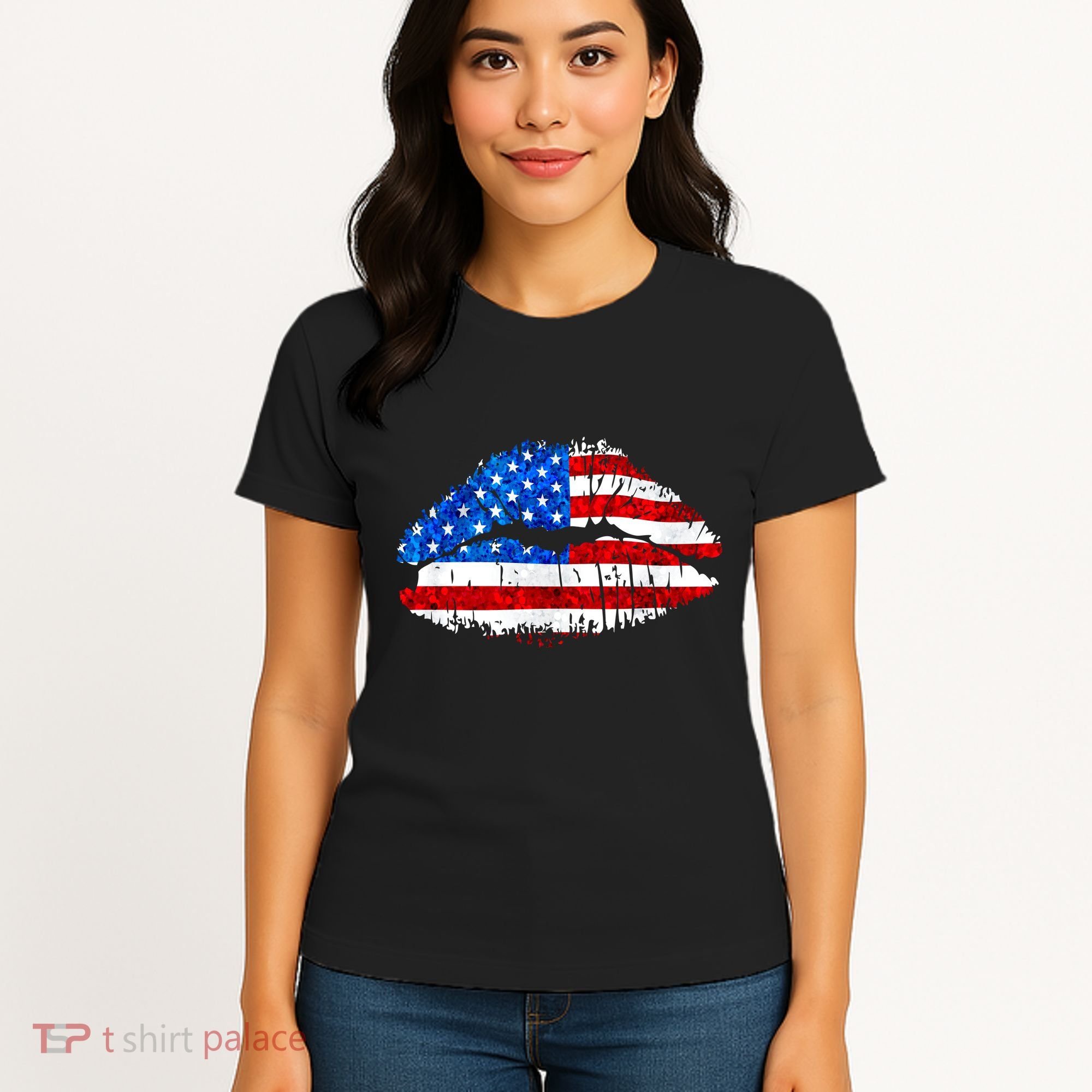 Cute Patriot USA American Flag Lipstick Kiss Women's T-Shirt