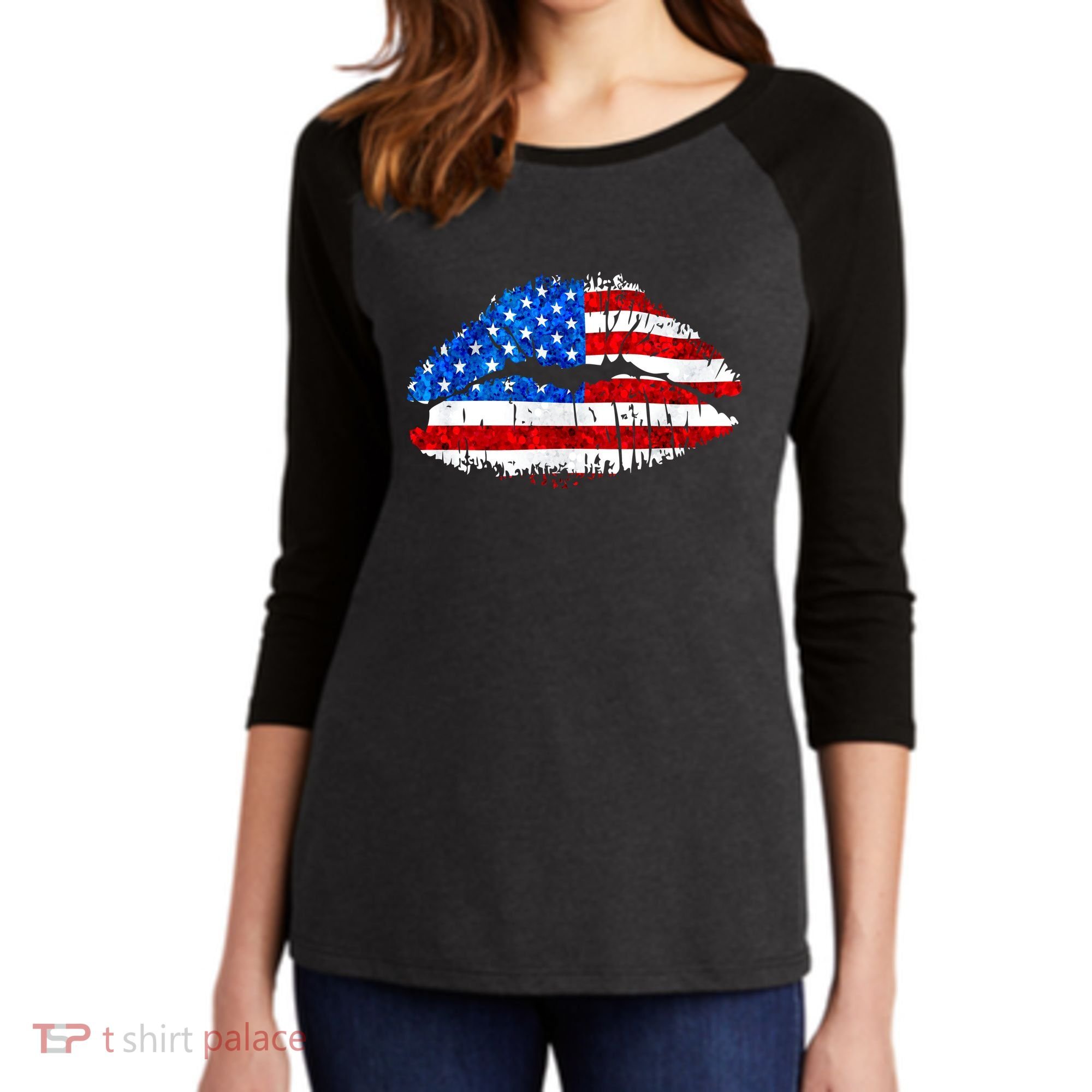 Cute Patriot USA American Flag Lipstick Kiss Women's Tri-Blend 3/4-Sleeve Raglan Shirt