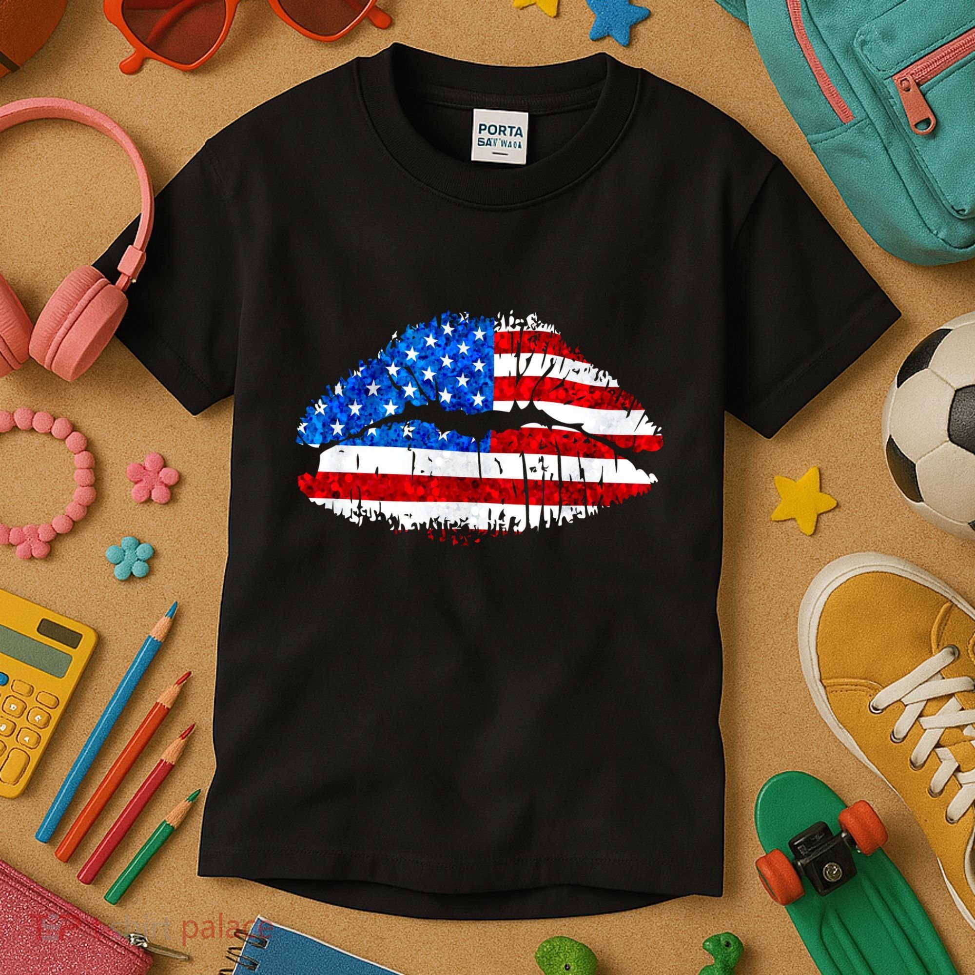Cute Patriot USA American Flag Lipstick Kiss Kids T-Shirt