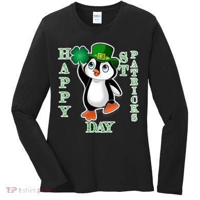 Cute Penguin Happy St Patricks Day Women's Long Sleeve Shirt