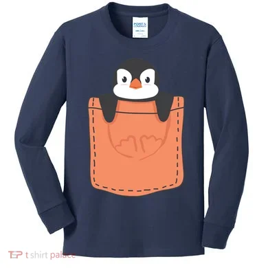 Cute Penguin In Pocket Kids Long Sleeve Shirt