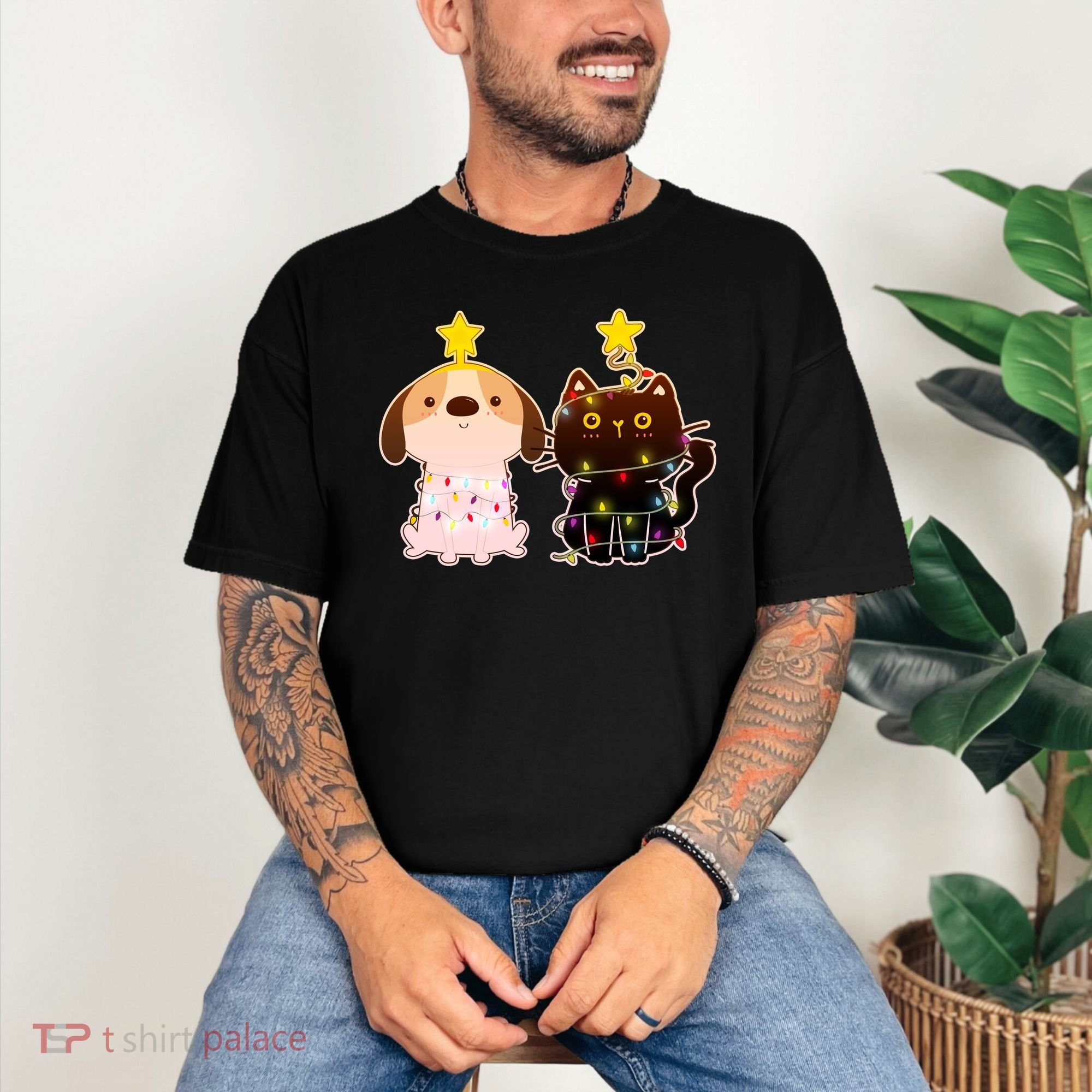 Cute Puppy and Kitten Christmas Lights Comfort Colors T-Shirt