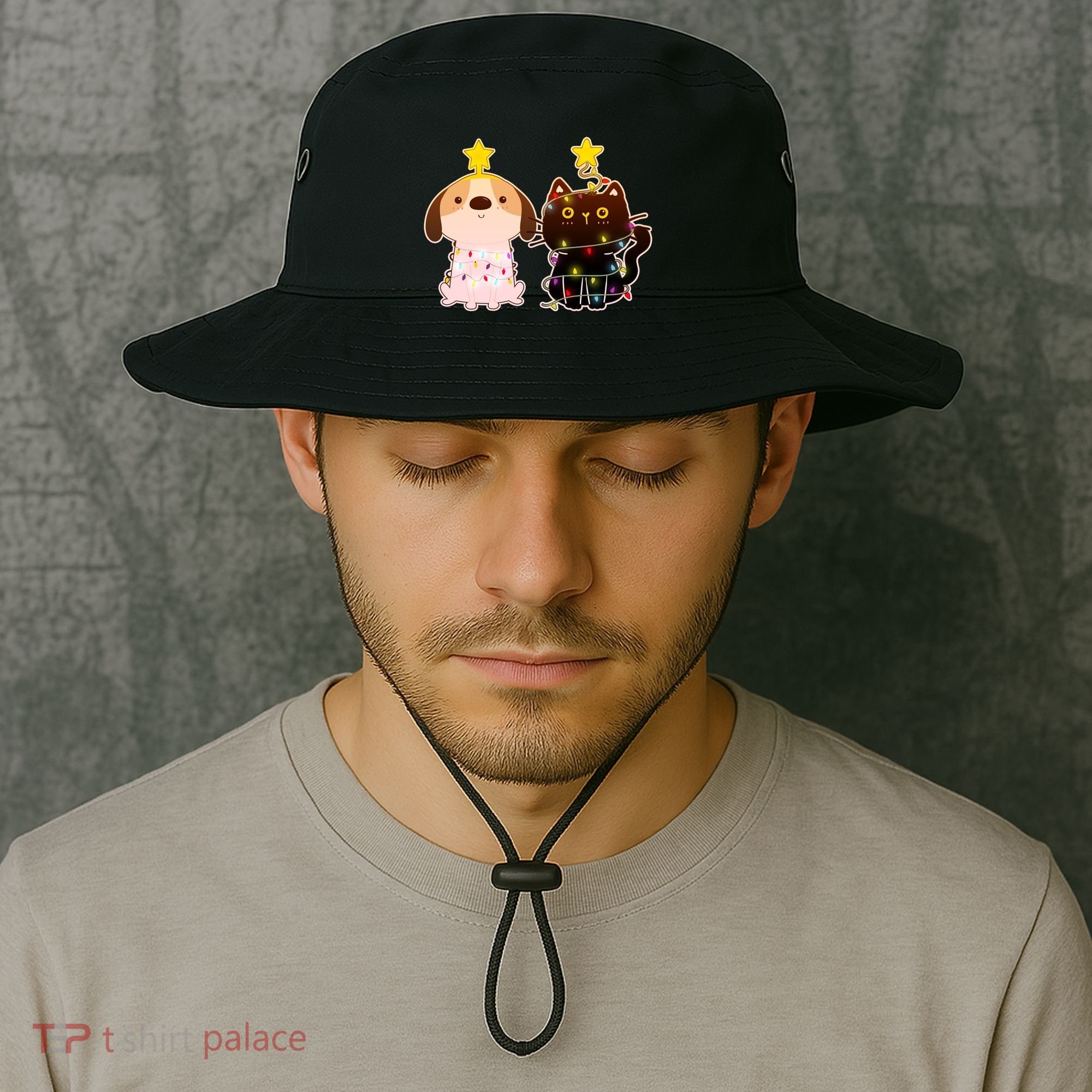 Cute Puppy and Kitten Christmas Lights Bucket Hat