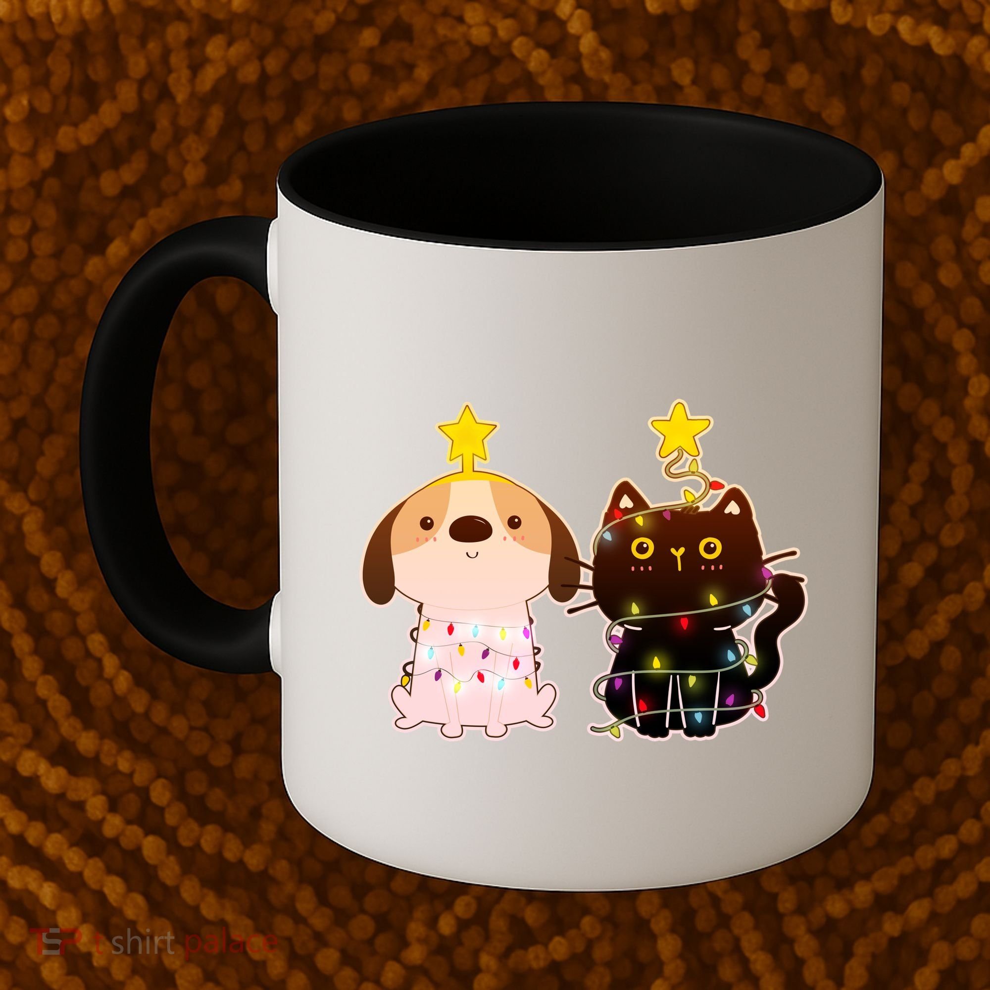 Cute Puppy and Kitten Christmas Lights Coffee Mug