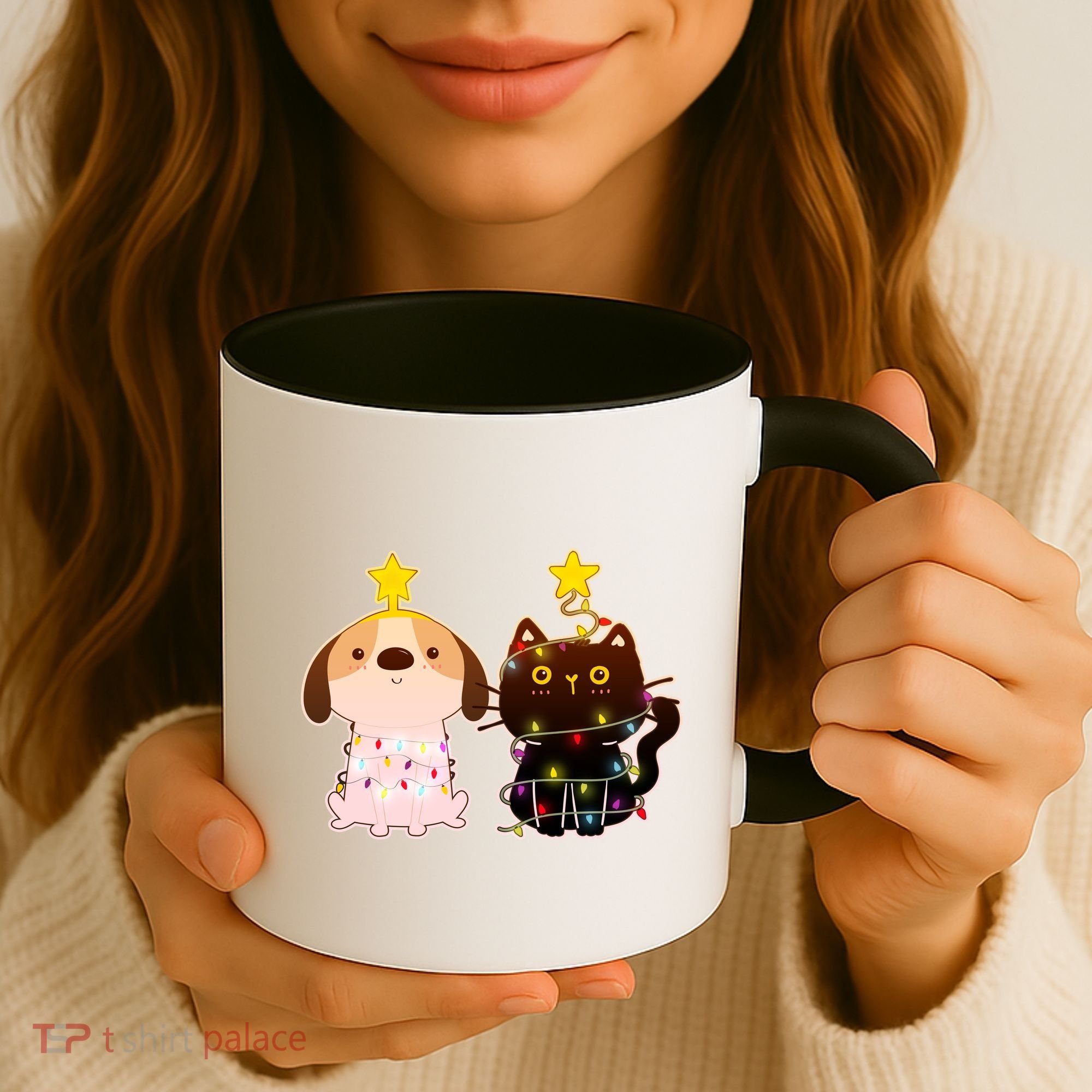 Cute Puppy and Kitten Christmas Lights Coffee Mug