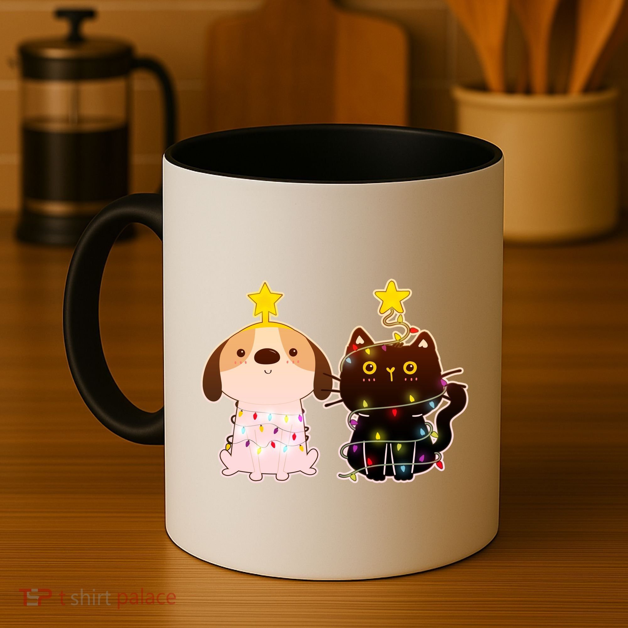 Cute Puppy and Kitten Christmas Lights Coffee Mug