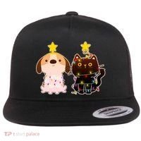 Cute Puppy and Kitten Christmas Lights Flat Bill Trucker Hat thumb 0