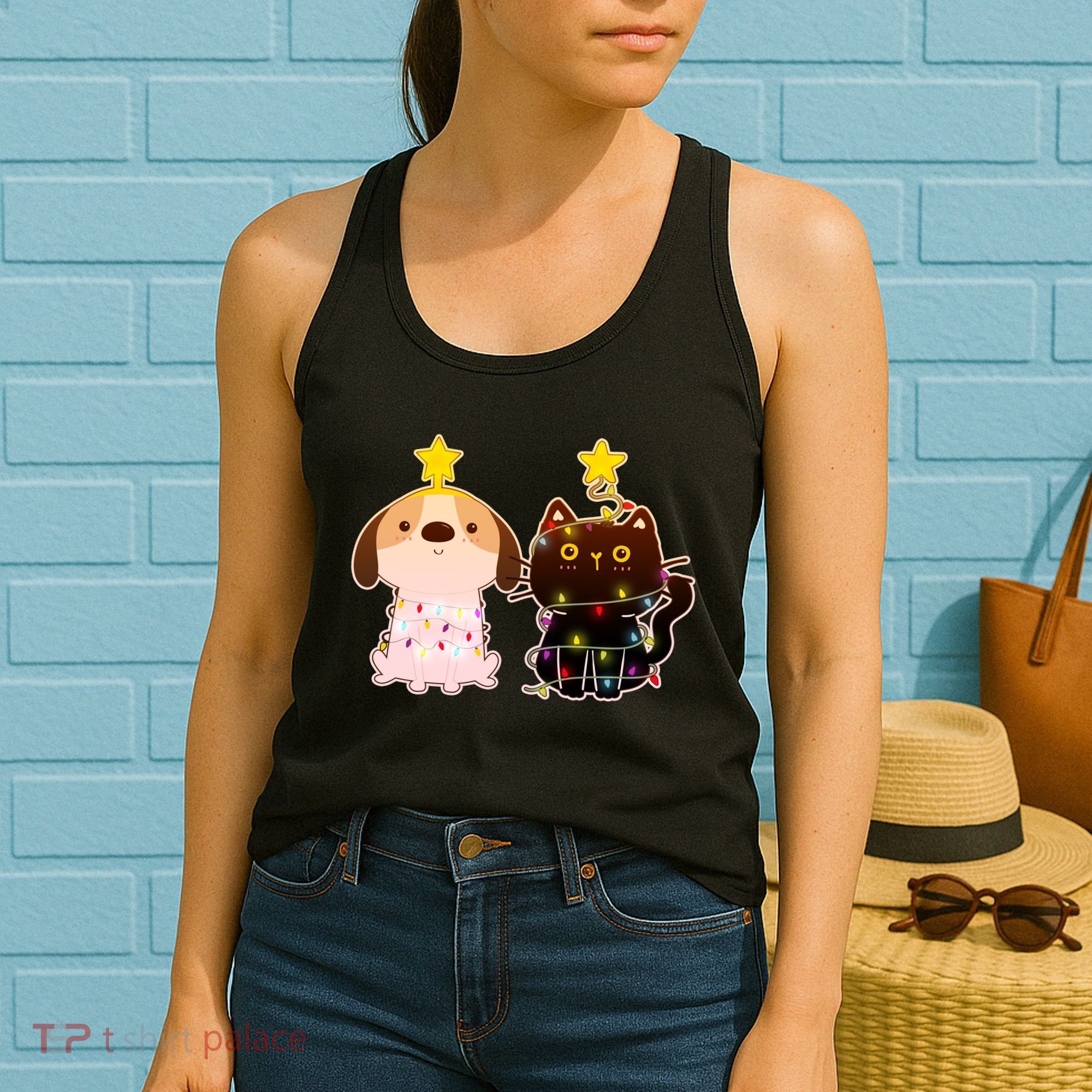 Cute Puppy and Kitten Christmas Lights Women's Tank Top