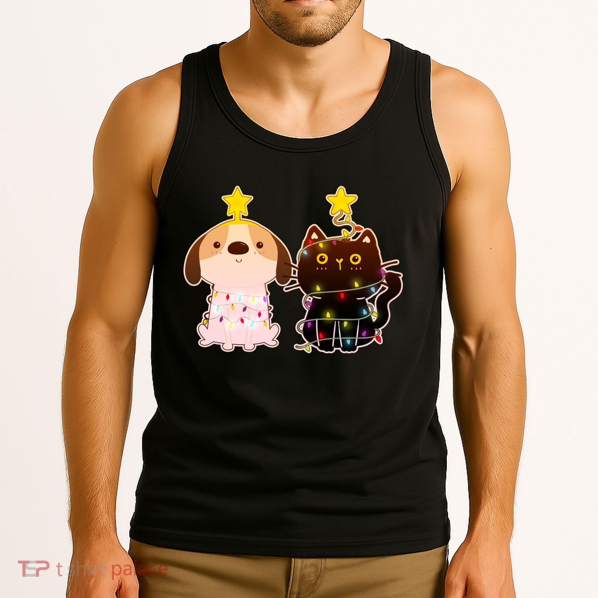 Cute Puppy and Kitten Christmas Lights Tank Top