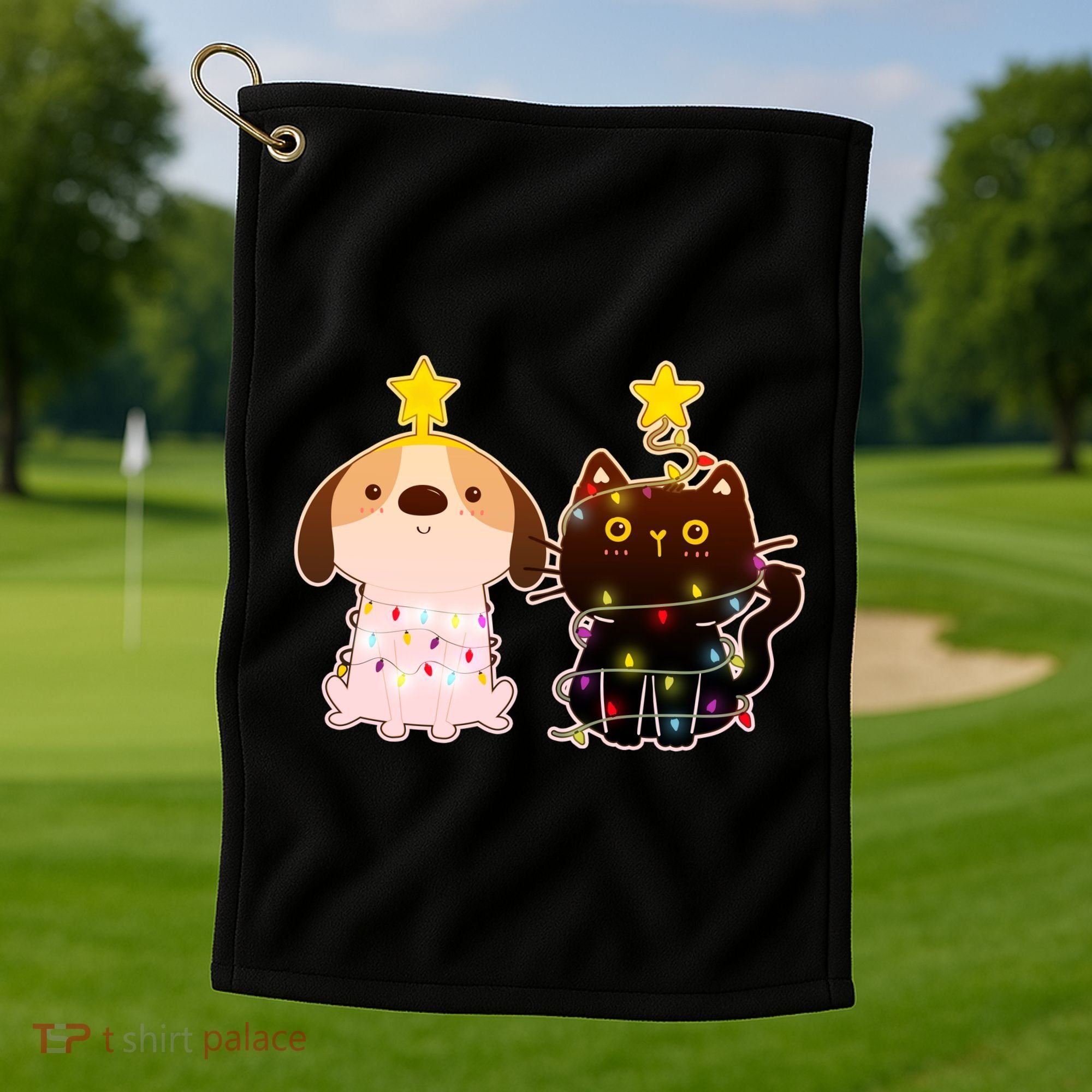 Cute Puppy and Kitten Christmas Lights Golf Towel