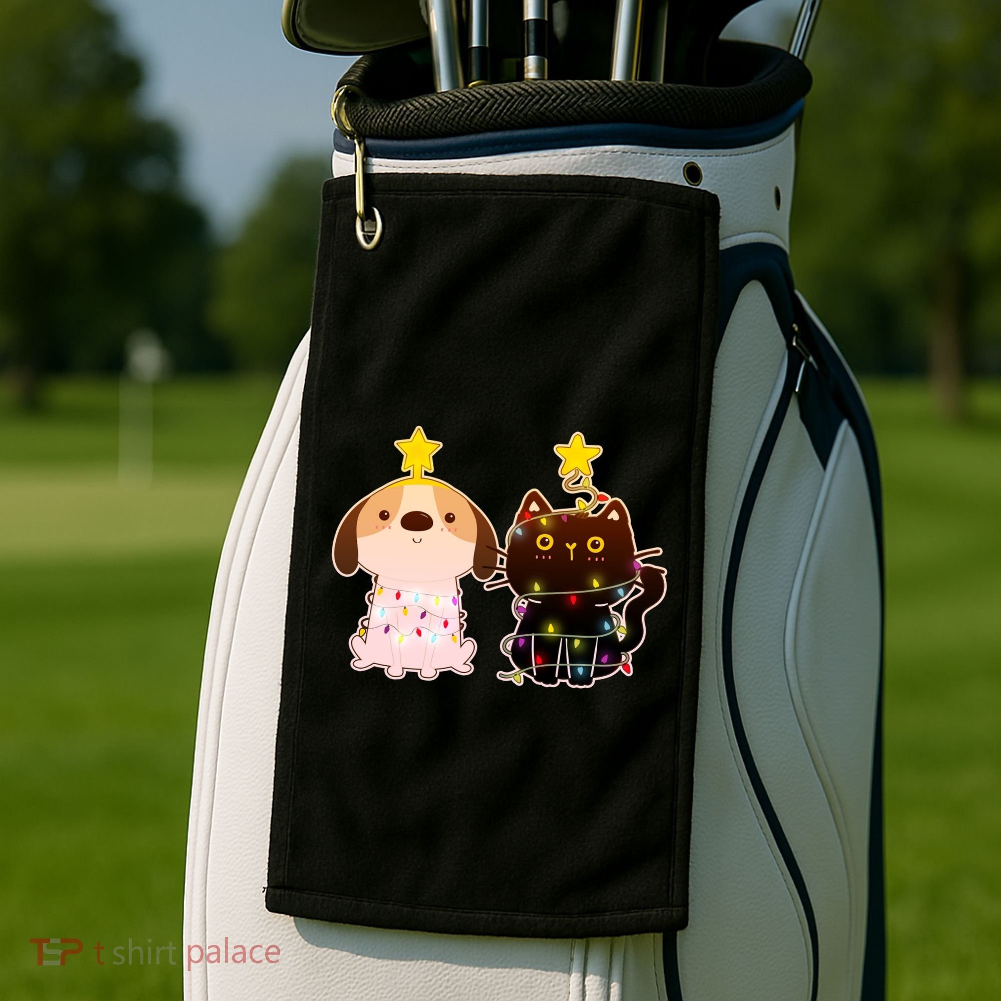 Cute Puppy and Kitten Christmas Lights Golf Towel