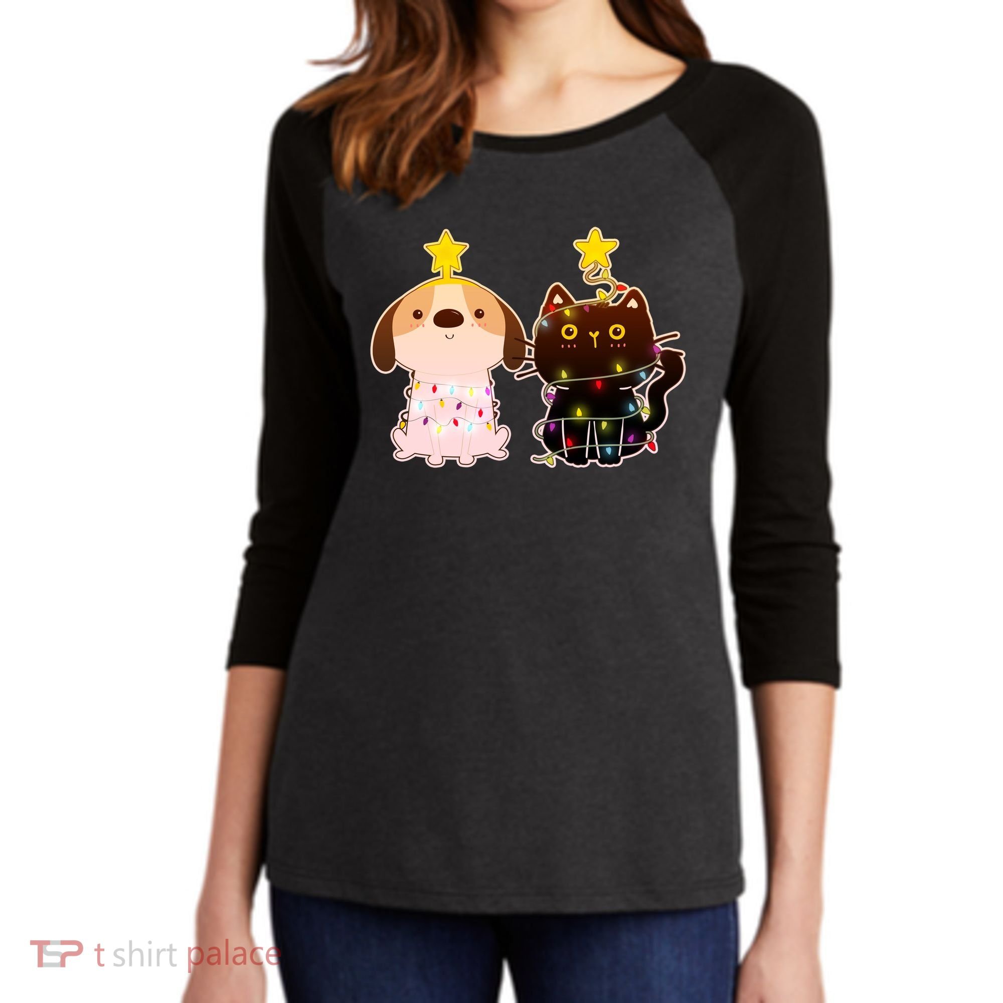 Cute Puppy and Kitten Christmas Lights Women's Tri-Blend 3/4-Sleeve Raglan Shirt