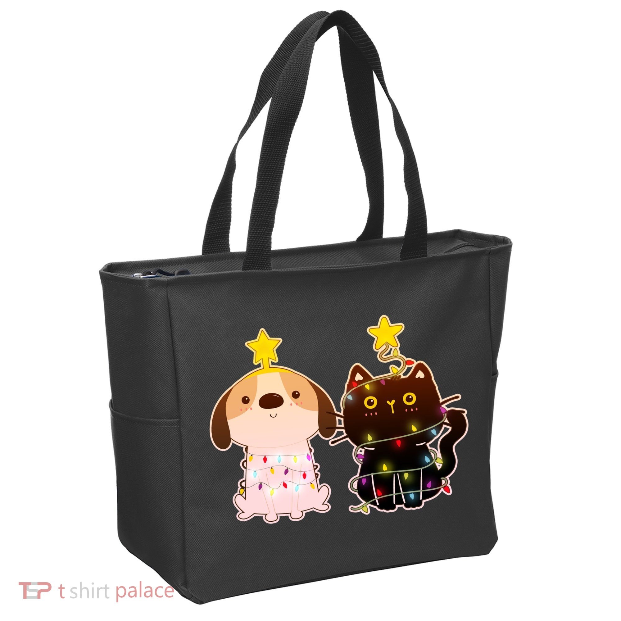 Cute Puppy and Kitten Christmas Lights Tote Bag