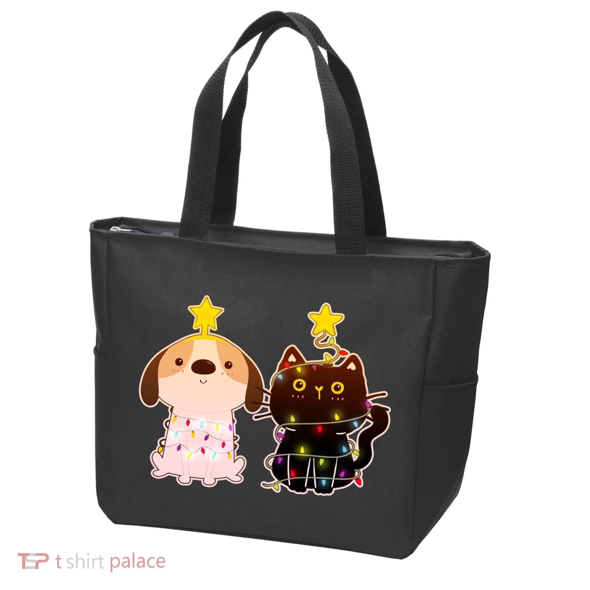 Cute Puppy and Kitten Christmas Lights Tote Bag