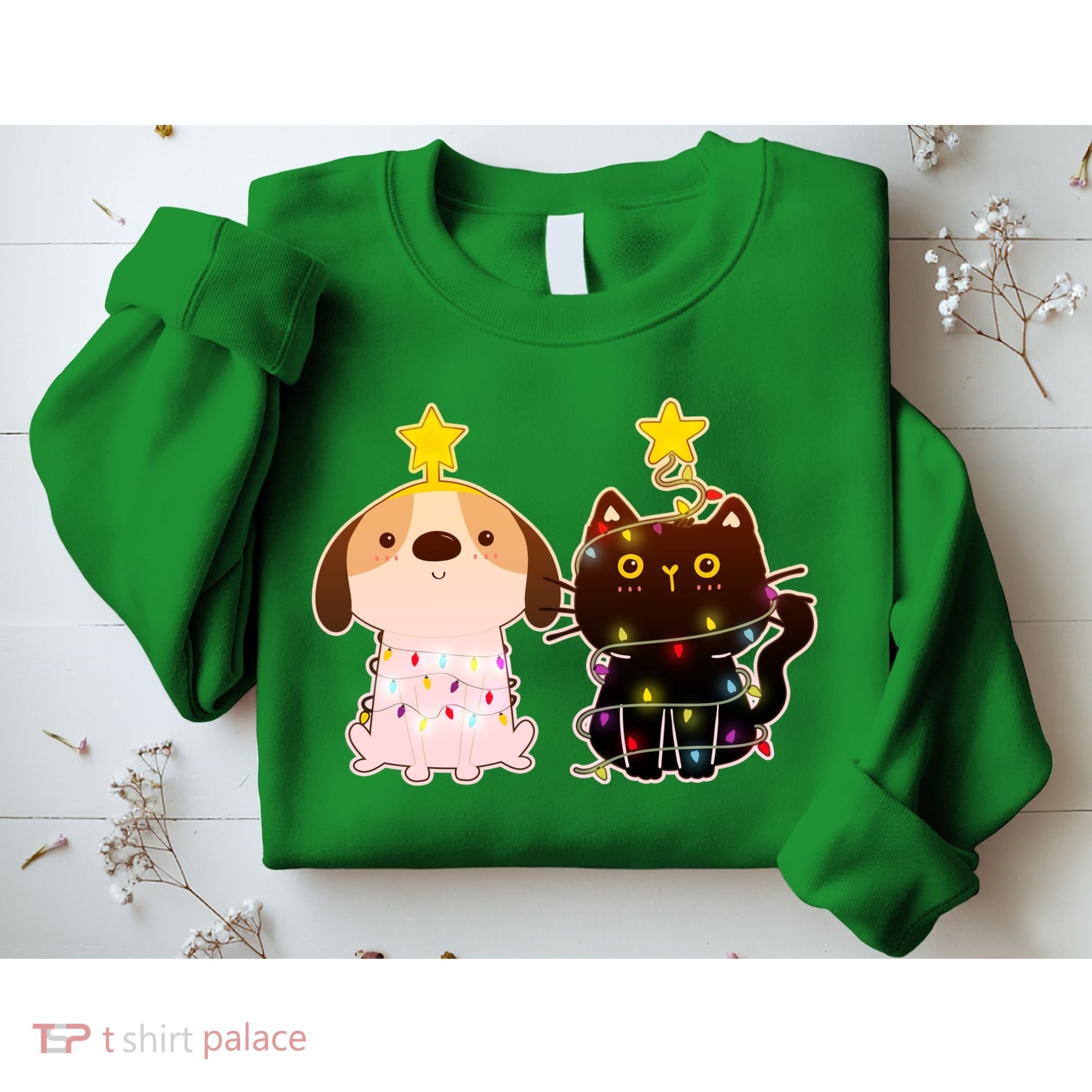 Cute Puppy and Kitten Christmas Lights Sweatshirt
