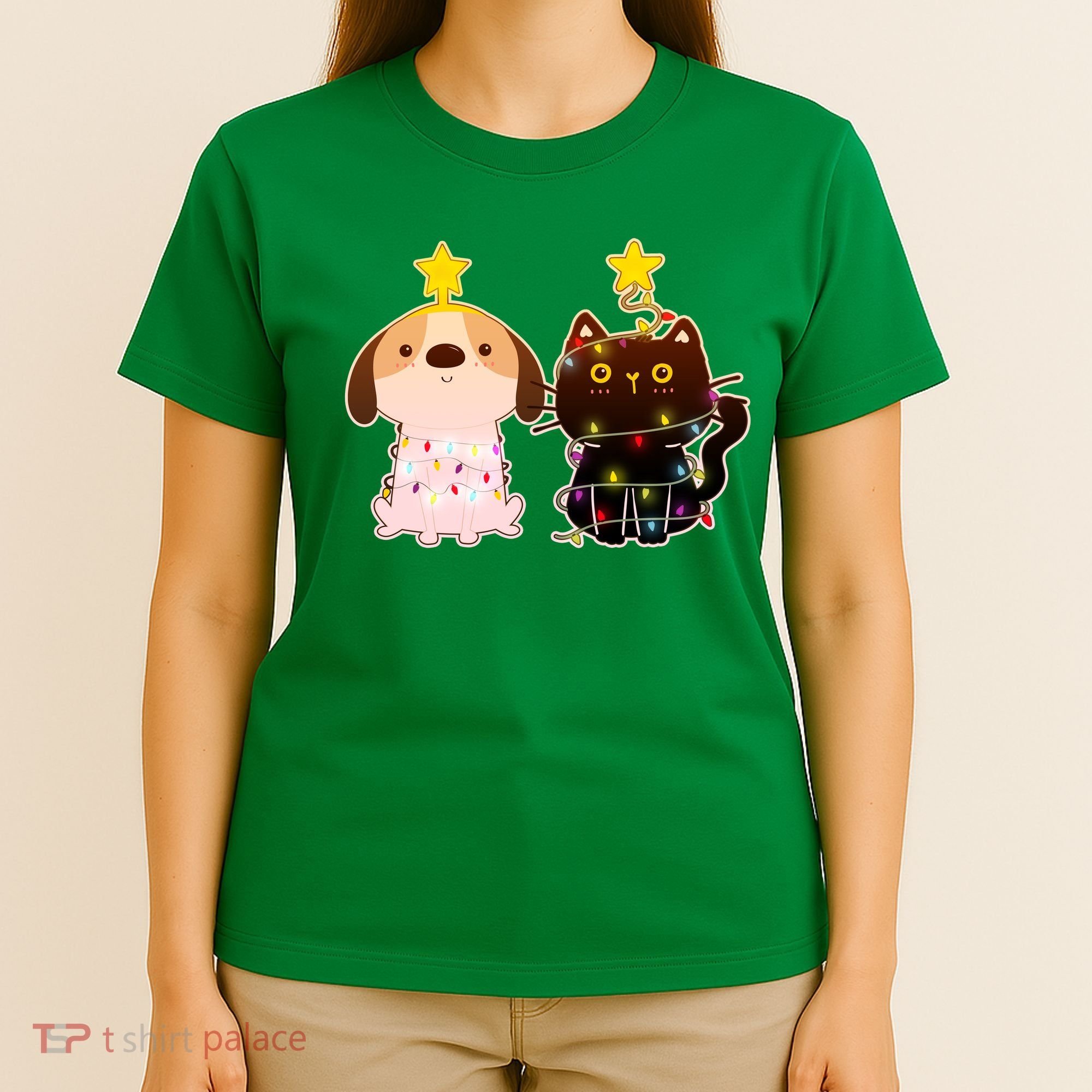 Cute Puppy and Kitten Christmas Lights T-Shirt