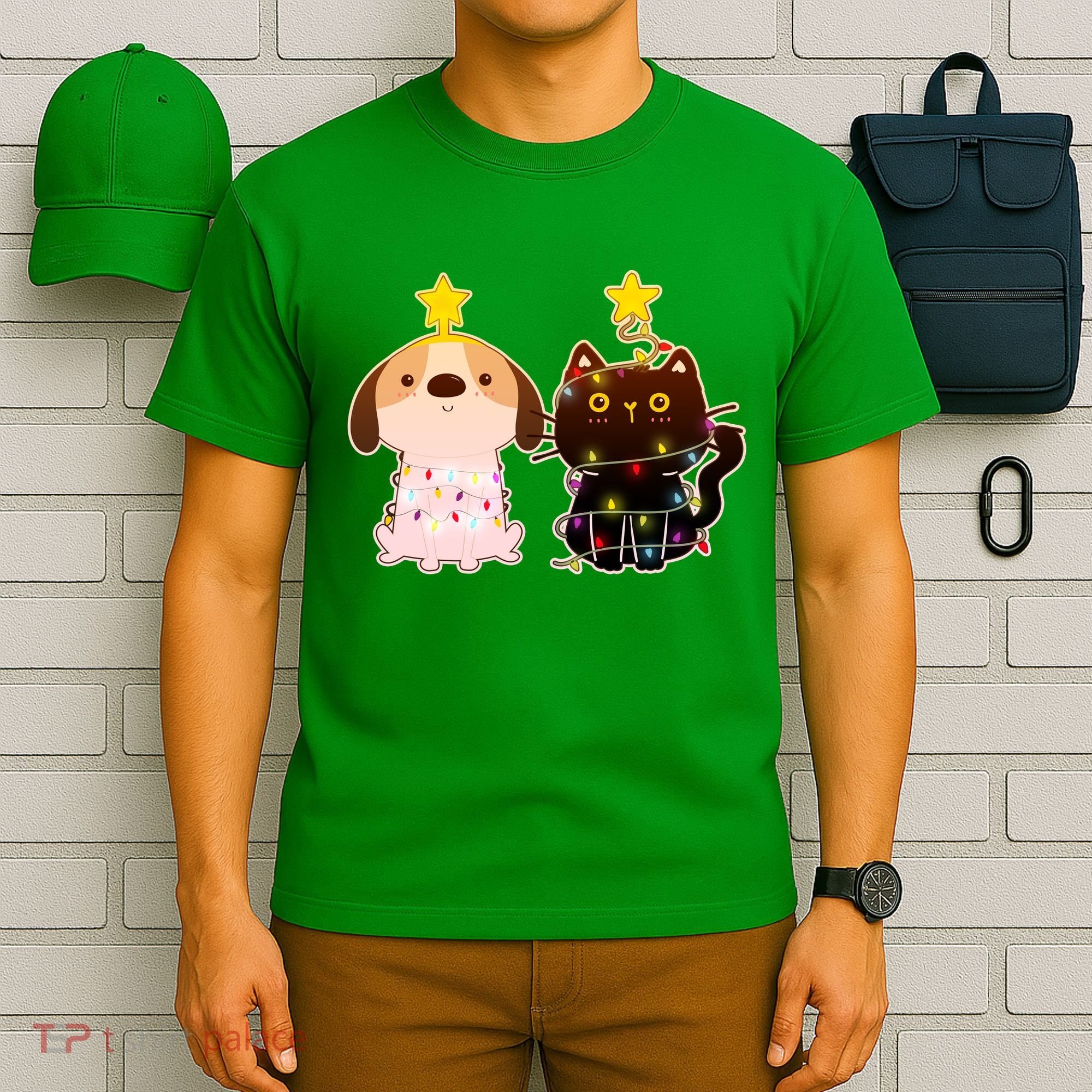 Cute Puppy and Kitten Christmas Lights T-Shirt