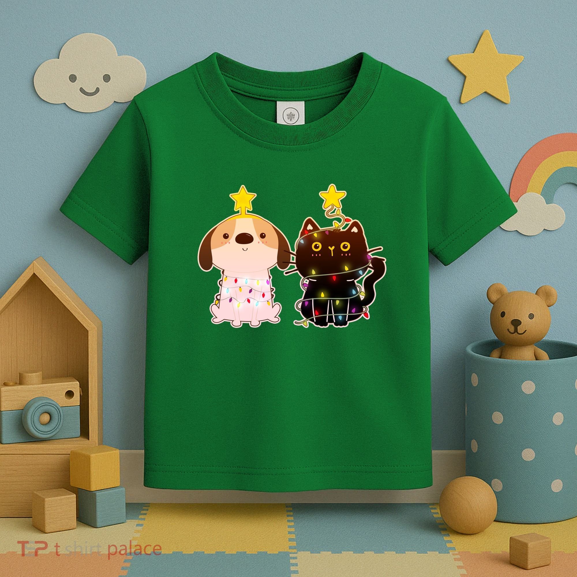 Cute Puppy and Kitten Christmas Lights Toddler T-Shirt