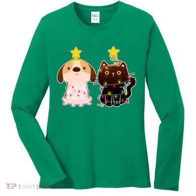 Cute Puppy and Kitten Christmas Lights Women's Long Sleeve Shirt