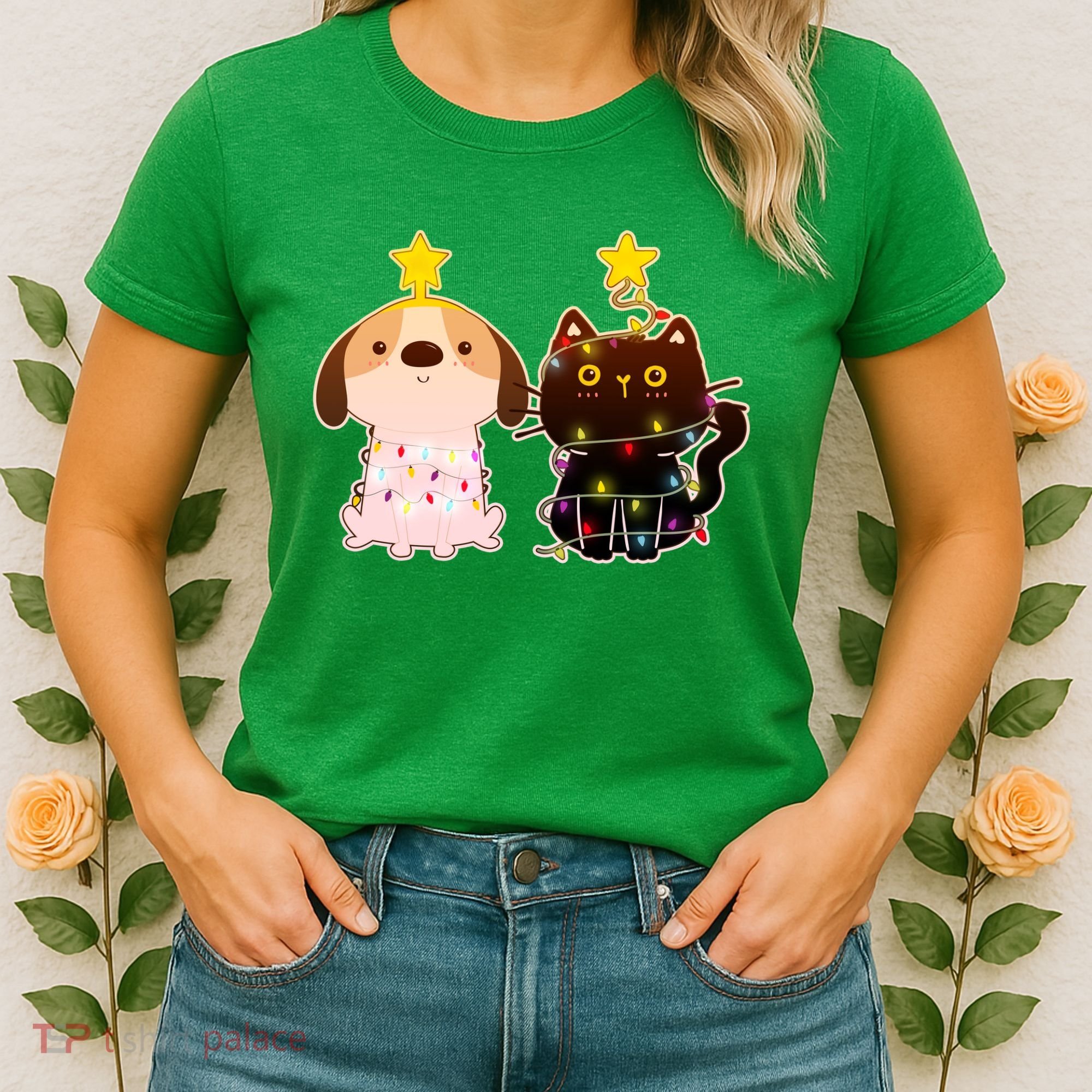 Cute Puppy and Kitten Christmas Lights Women's T-Shirt