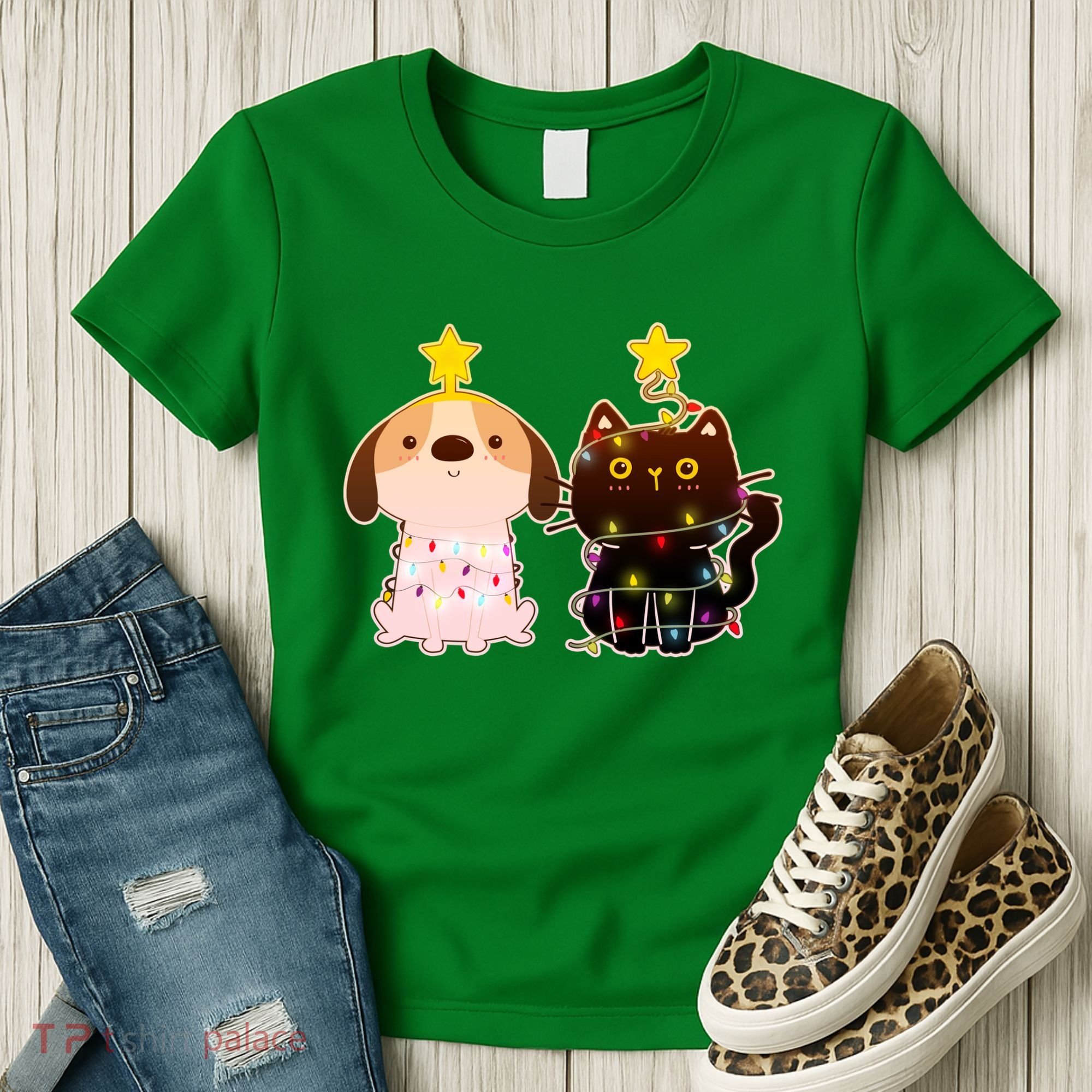 Cute Puppy and Kitten Christmas Lights Women's T-Shirt