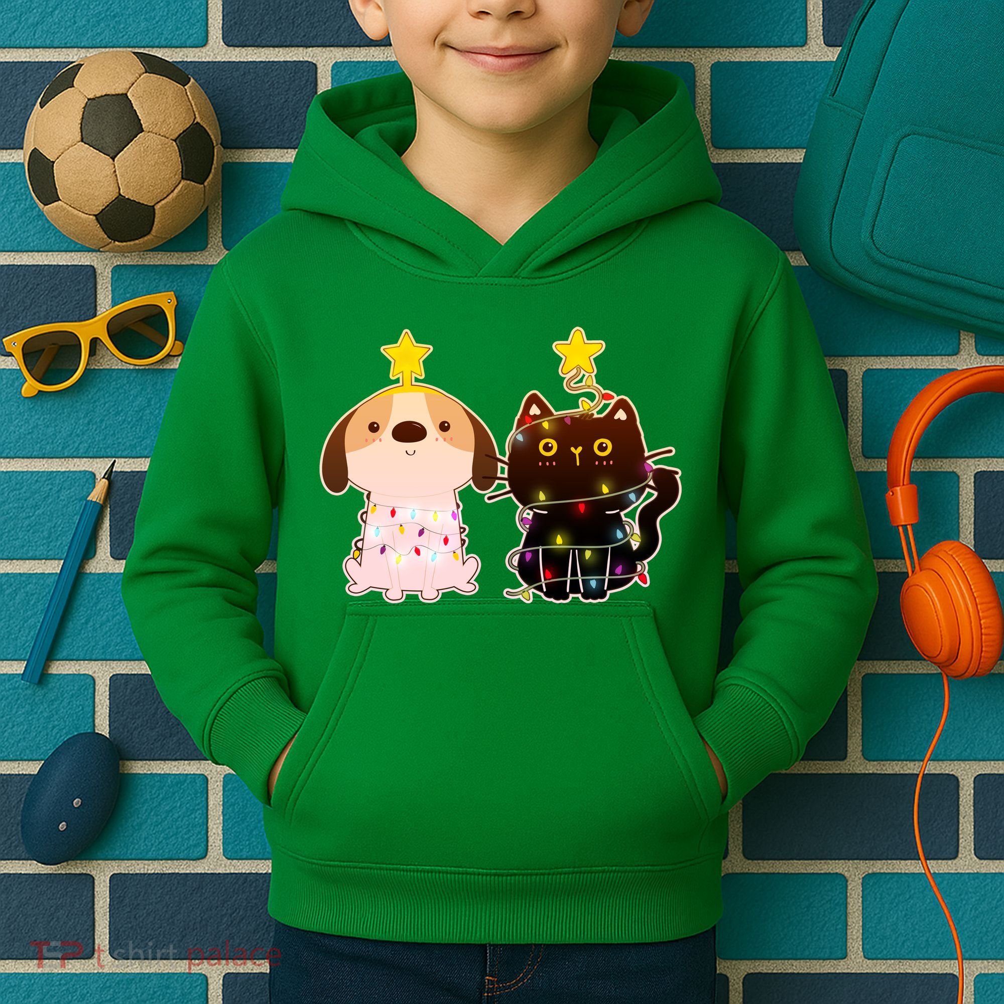 Cute Puppy and Kitten Christmas Lights Kids Hoodie