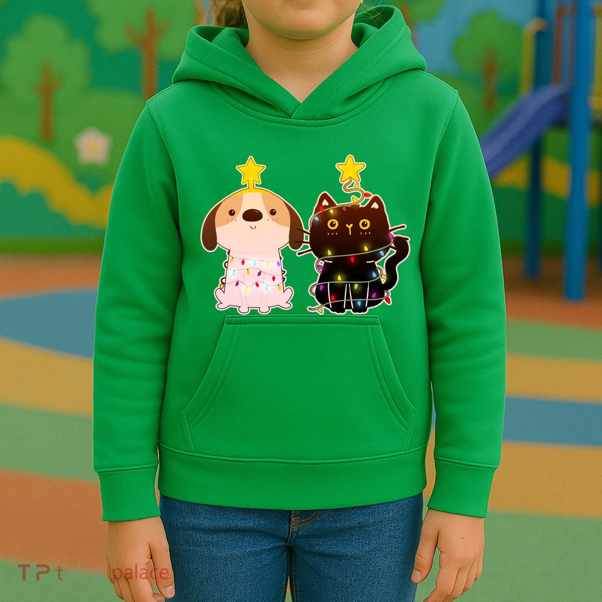 Cute Puppy and Kitten Christmas Lights Kids Hoodie