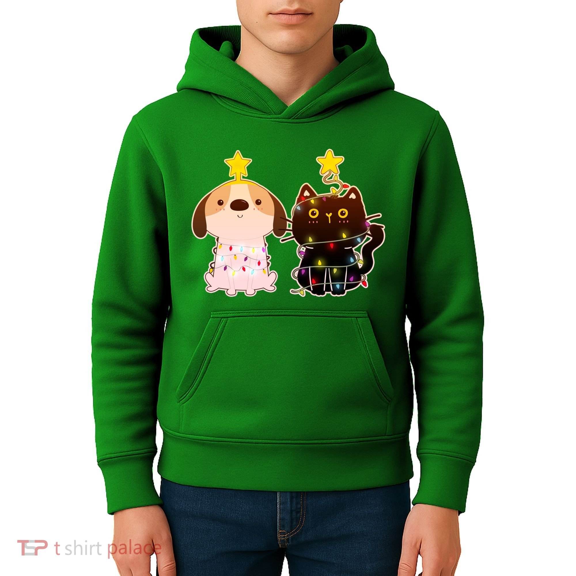 Cute Puppy and Kitten Christmas Lights Kids Hoodie