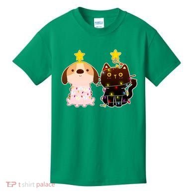 Cute Puppy and Kitten Christmas Lights Kids T-Shirt