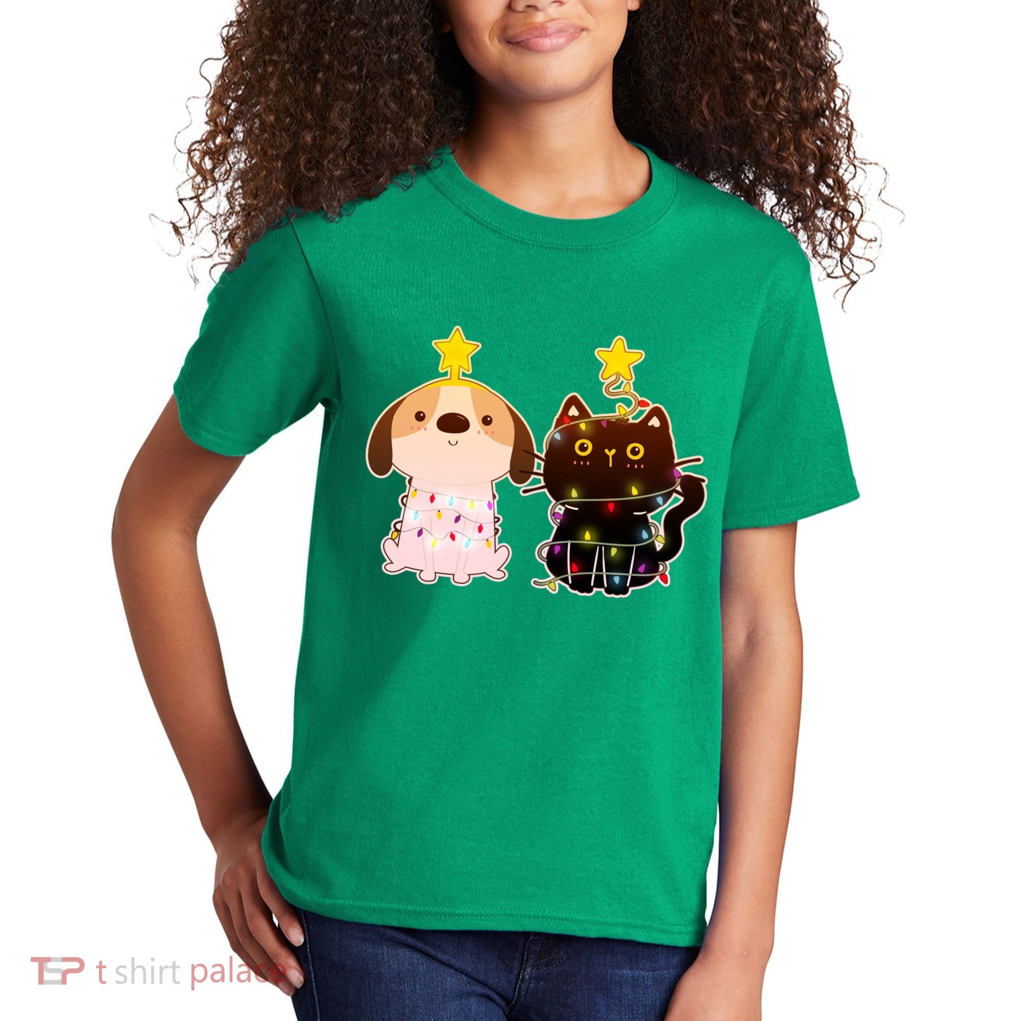 Cute Puppy and Kitten Christmas Lights Kids T-Shirt