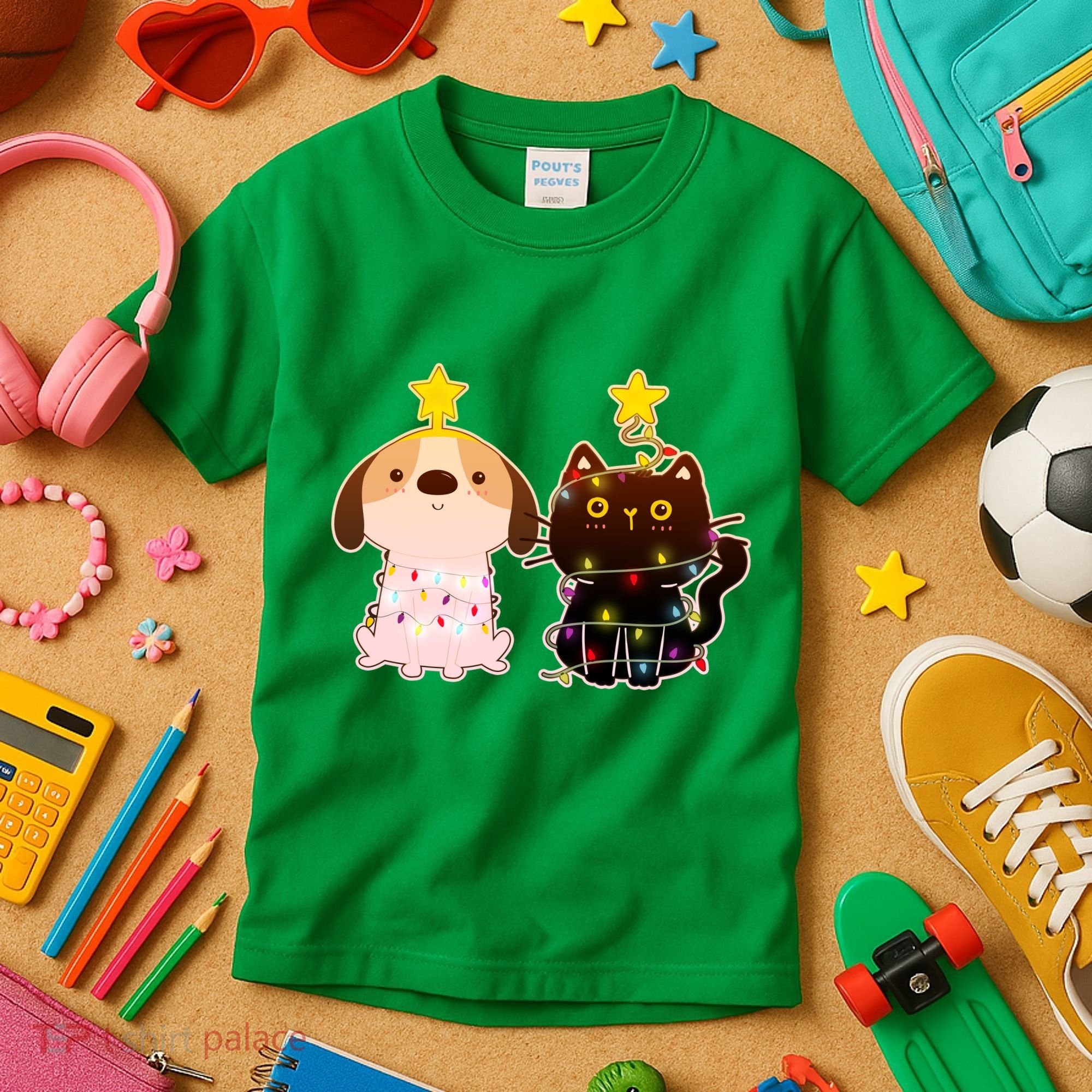 Cute Puppy and Kitten Christmas Lights Kids T-Shirt