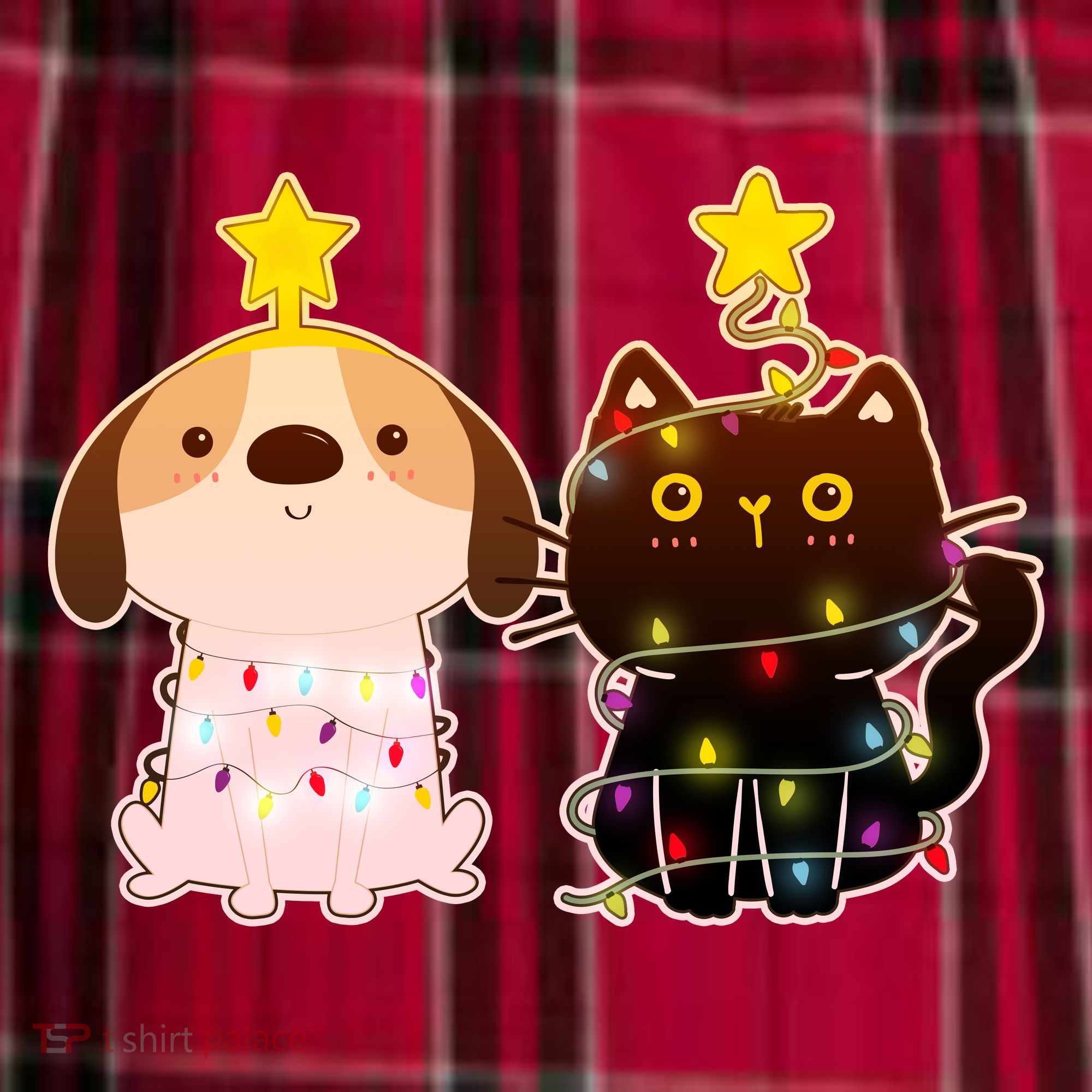 Cute Puppy and Kitten Christmas Lights Men's Flannel Plaid Pajama Pants