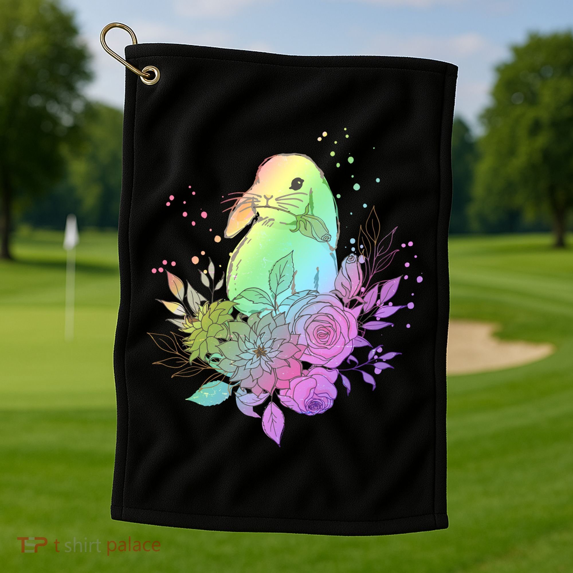 Cute Rainbow Pastel Easter Bunny Golf Towel
