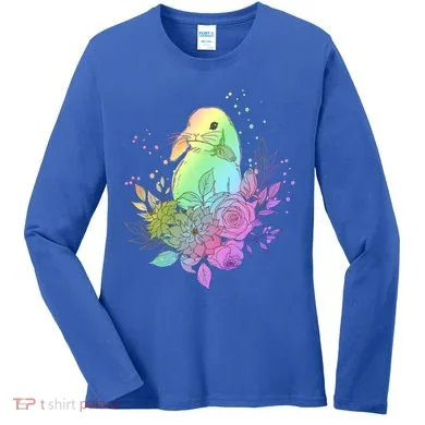 Cute Rainbow Pastel Easter Bunny Women's Long Sleeve Shirt