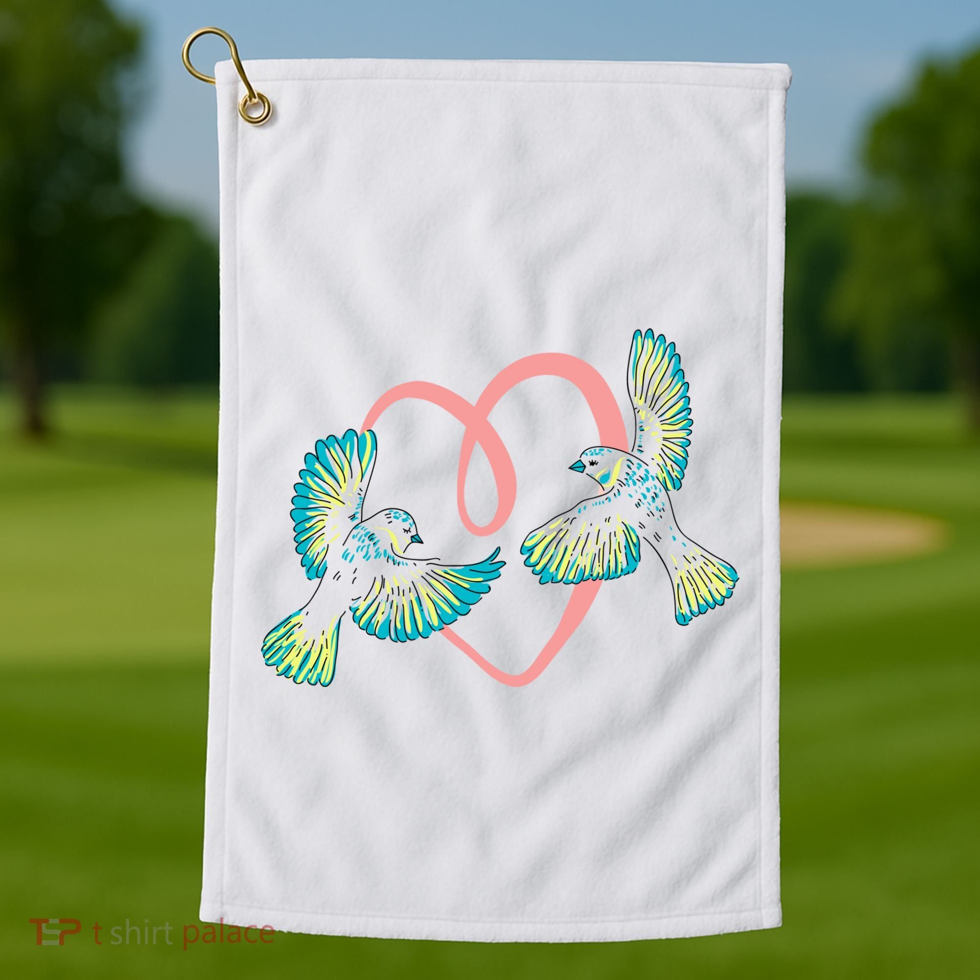 Cute Ribbon Heart Flying Birds Golf Towel