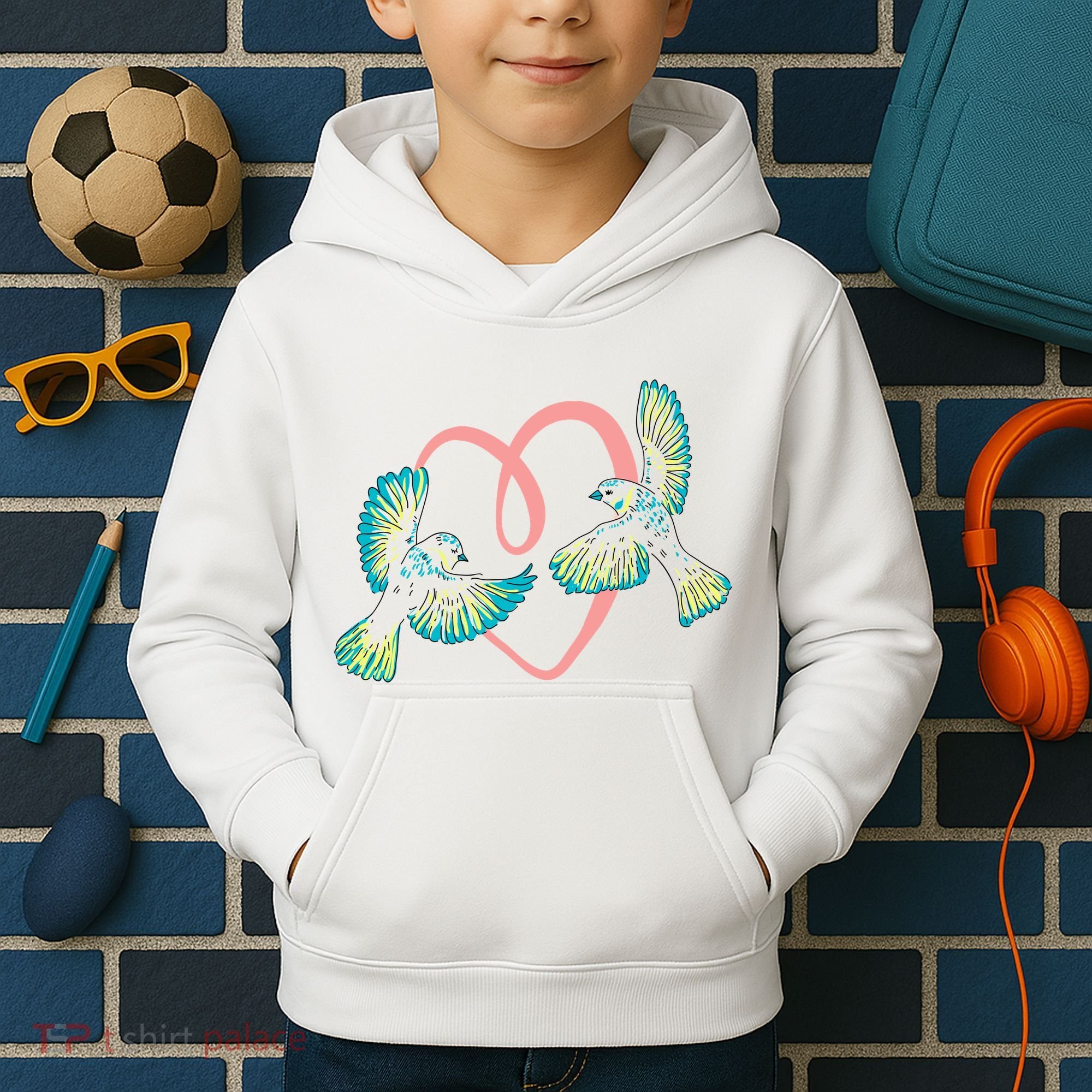 Cute Ribbon Heart Flying Birds Kids Hoodie