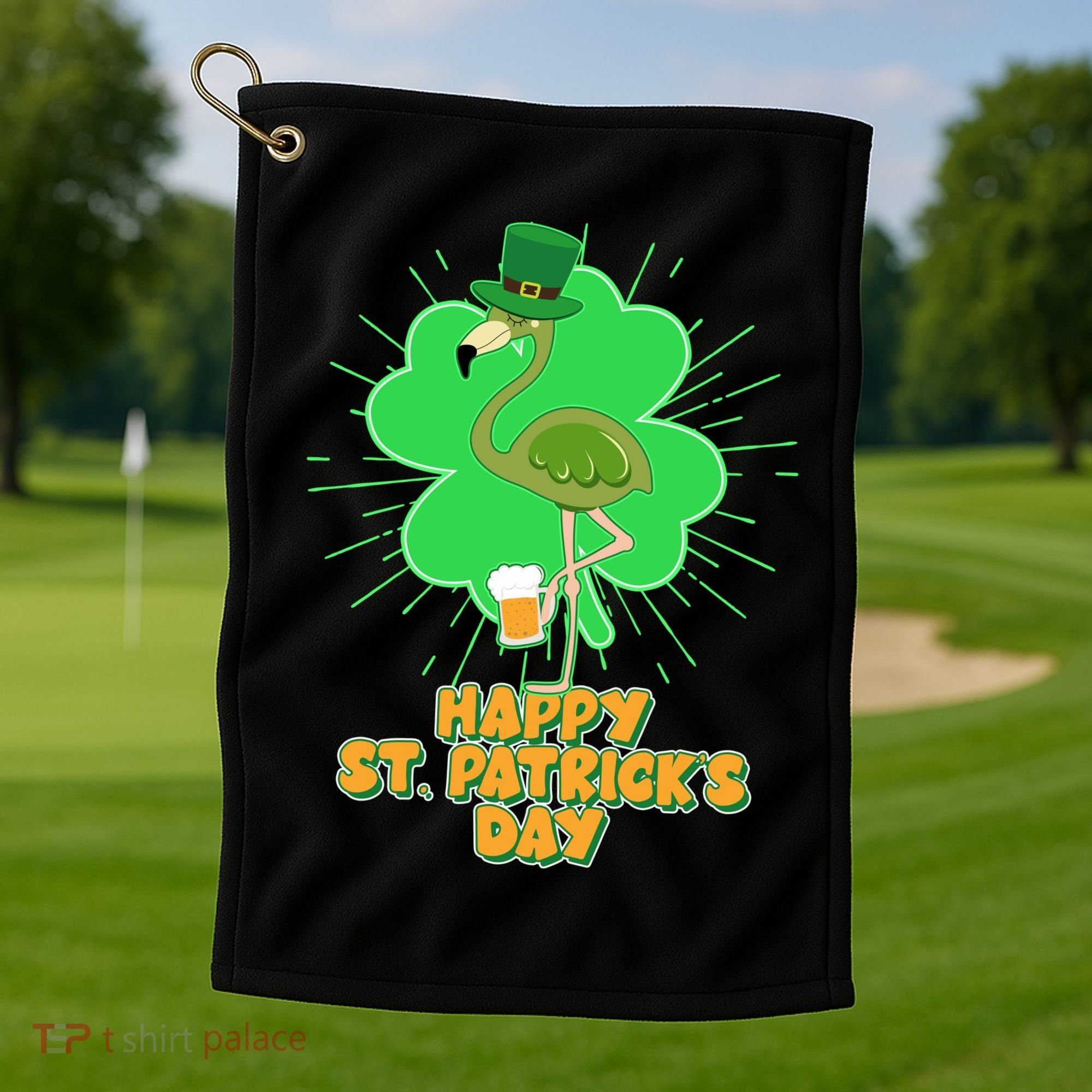 Cute St. Patrick's Day Flamingo With Beer Golf Towel