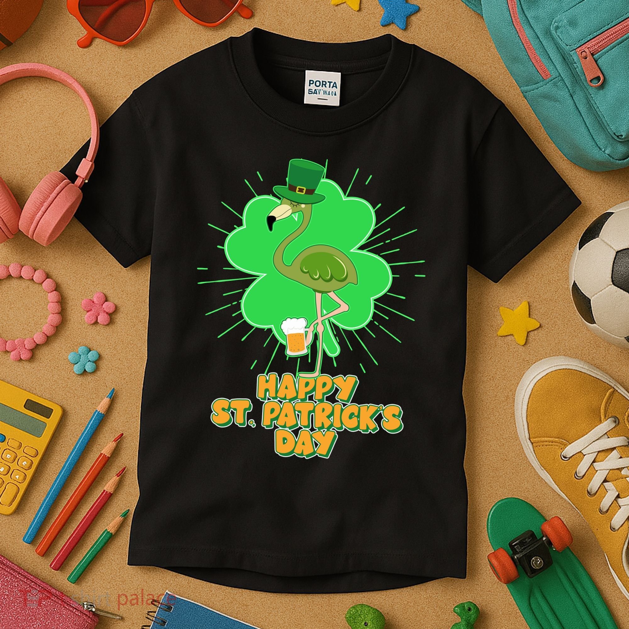 Cute St. Patrick's Day Flamingo With Beer Kids T-Shirt